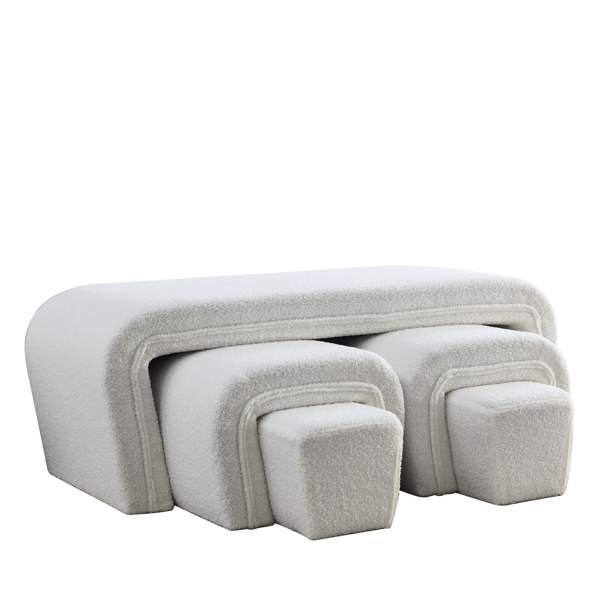 Video Welike 46" W Modern Contemporary Upholstered Nesting Bench, Including Four Nesting Benches, Teddy White Teddy Polyester Fabric