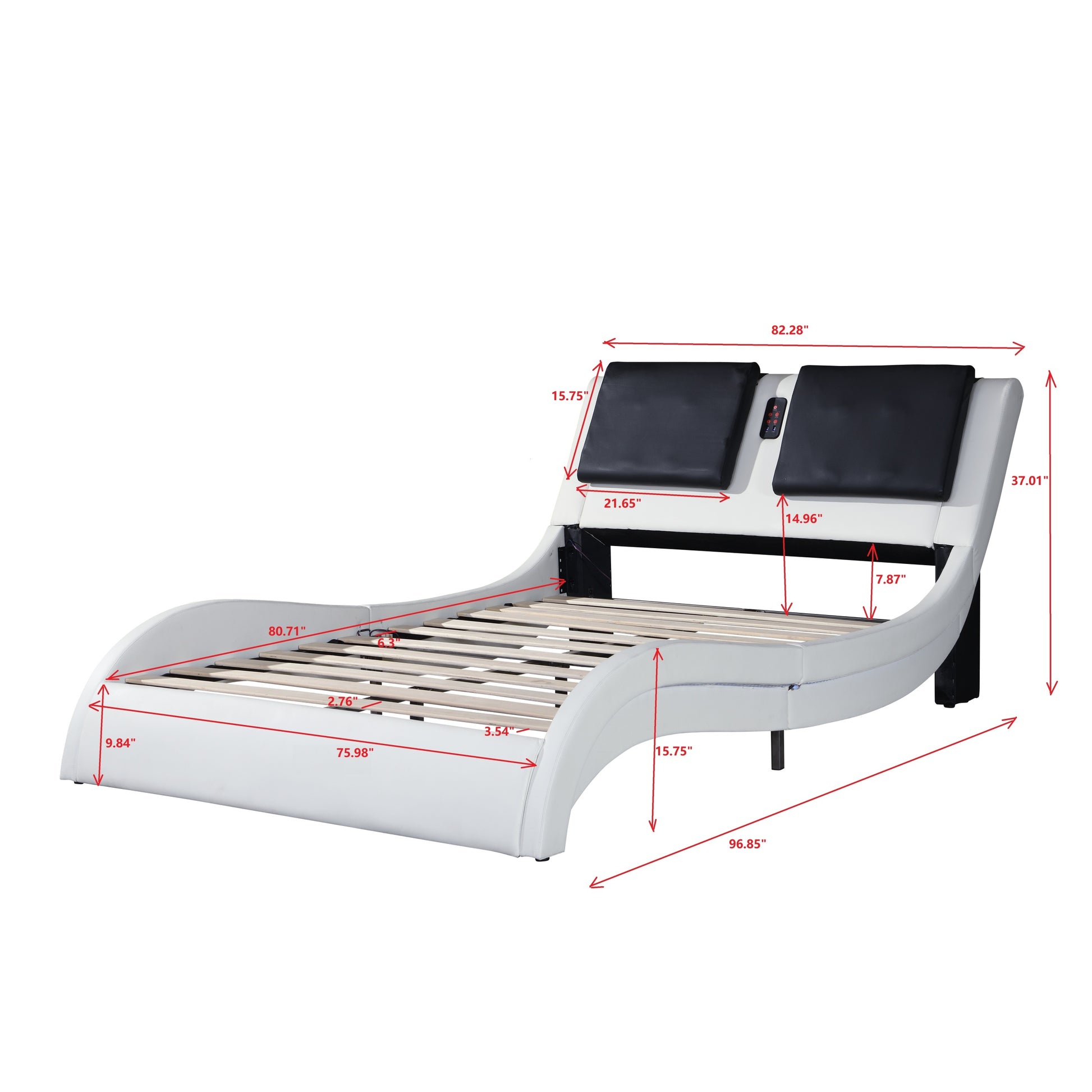 Faux Leather Upholstered Platform Bed Frame With Led Lighting ,Bluetooth Connection To Play Music Control,Backrest Vibration Massage,Curve Design, Wood Slat Support, No Box Spring Needed,King White Mdf