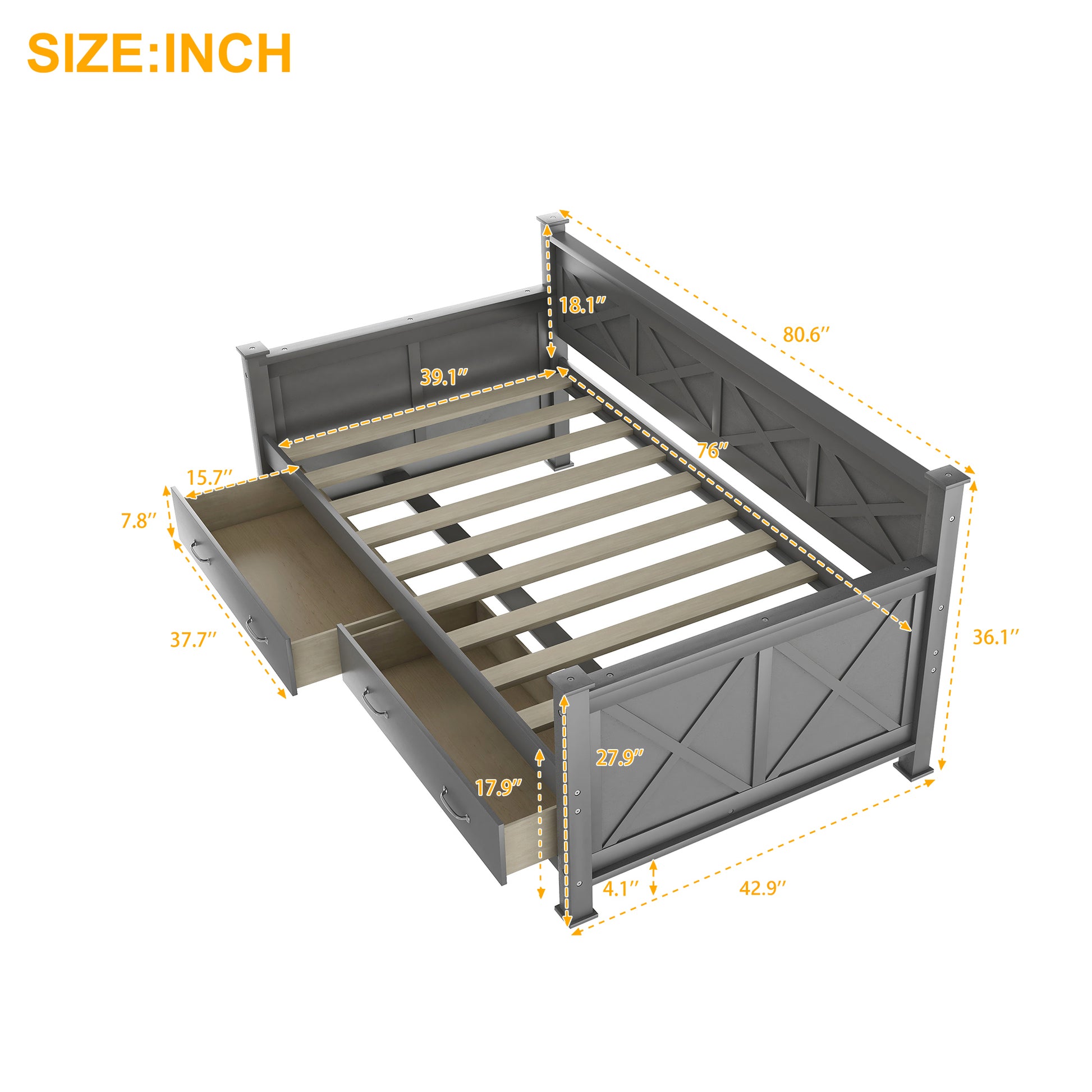 Twin Size Daybed With 2 Large Drawers, X Shaped Frame, Modern And Rustic Casual Style Daybed, Gray Box Spring Not Required Twin Gray Wood Daybeds Pine