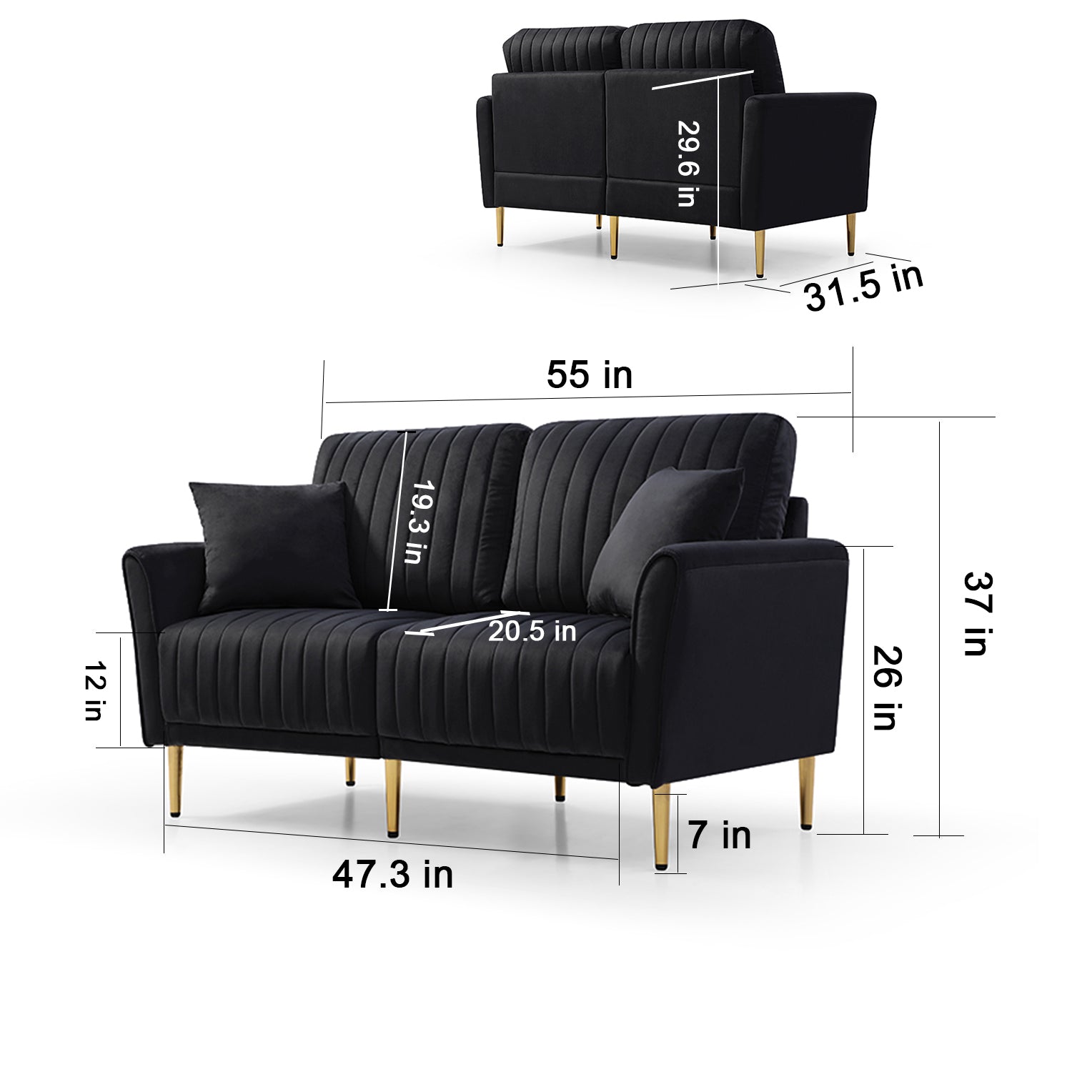 Modern Velvet 2 Seater Sofa, Upholstered Sofa With Metal Legs, 2 Seater Sofa Furniture For Small Spaces, Living Room, Bedroom, Office Black Black Foam Velvet