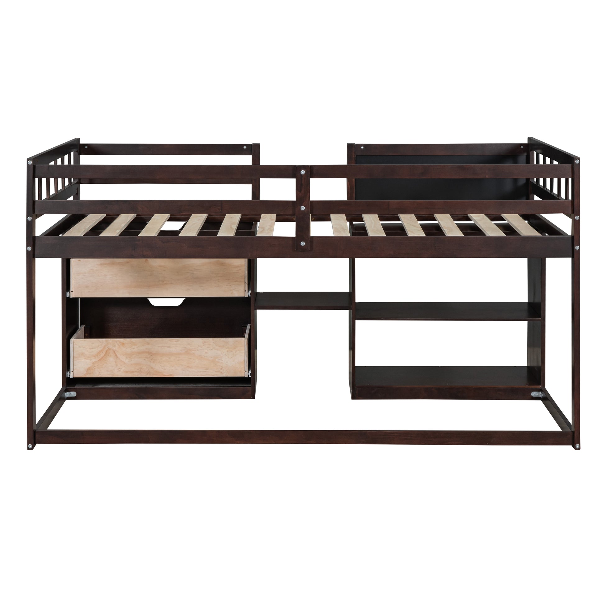 Twin Size Low Loft Bed With Rolling Desk, Shelf And Drawers Espresso Espresso Solid Wood