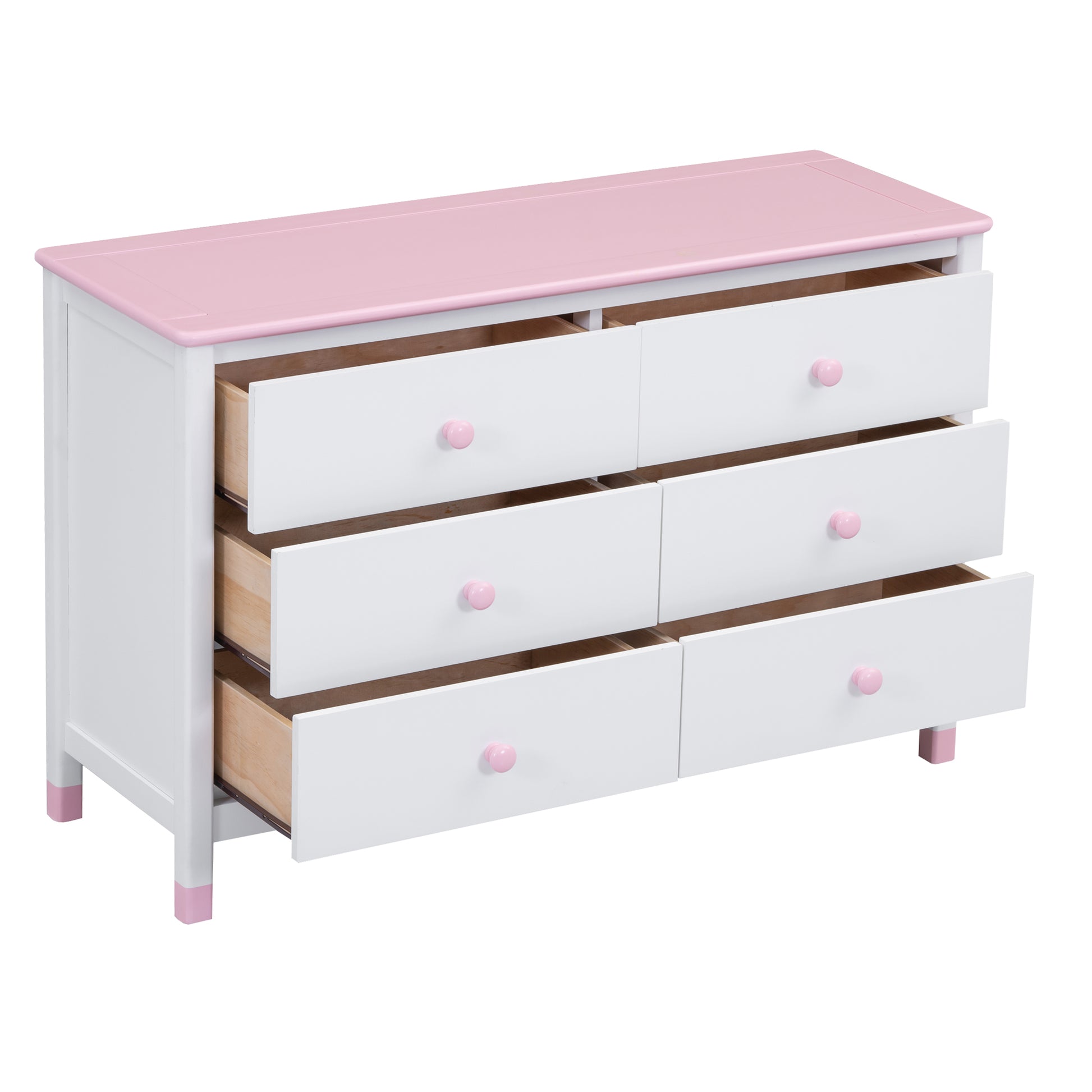 Wooden Storage Dresser With 6 Drawers,Storage Cabinet For Kids Bedroom,White Pink White Pink Solid Wood