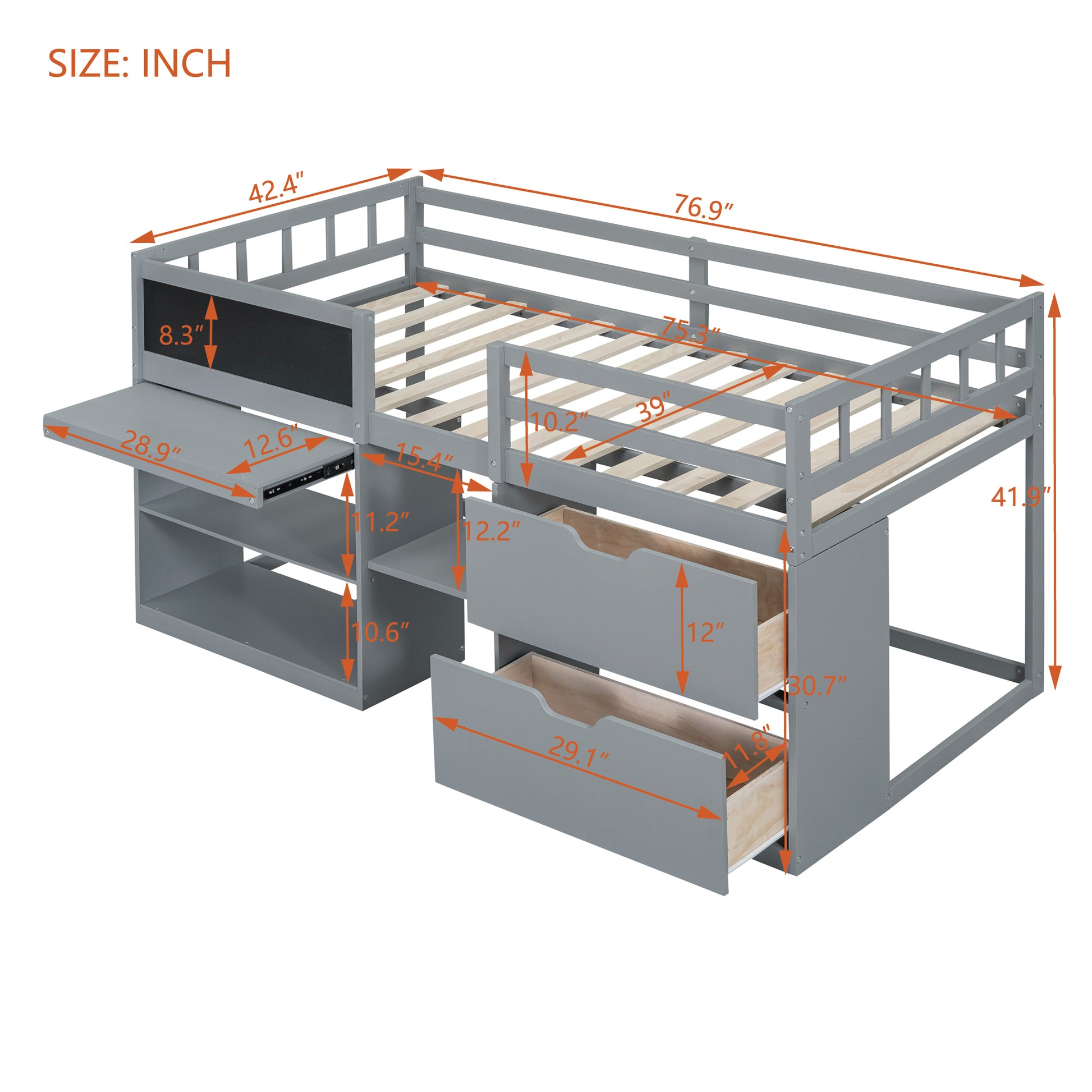 Twin Size Low Loft Bed With Rolling Desk, Shelf And Drawers Gray Gray Solid Wood