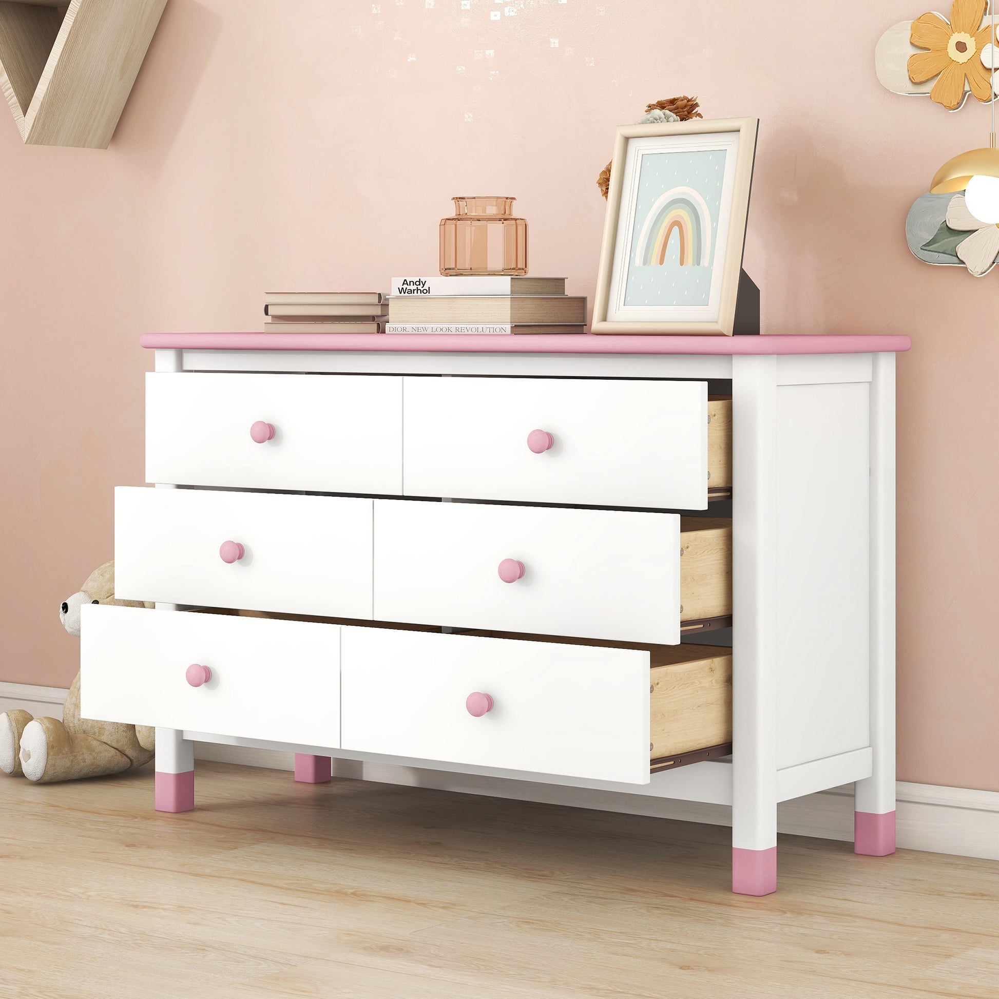 Wooden Storage Dresser With 6 Drawers,Storage Cabinet For Kids Bedroom,White Pink White Pink Solid Wood