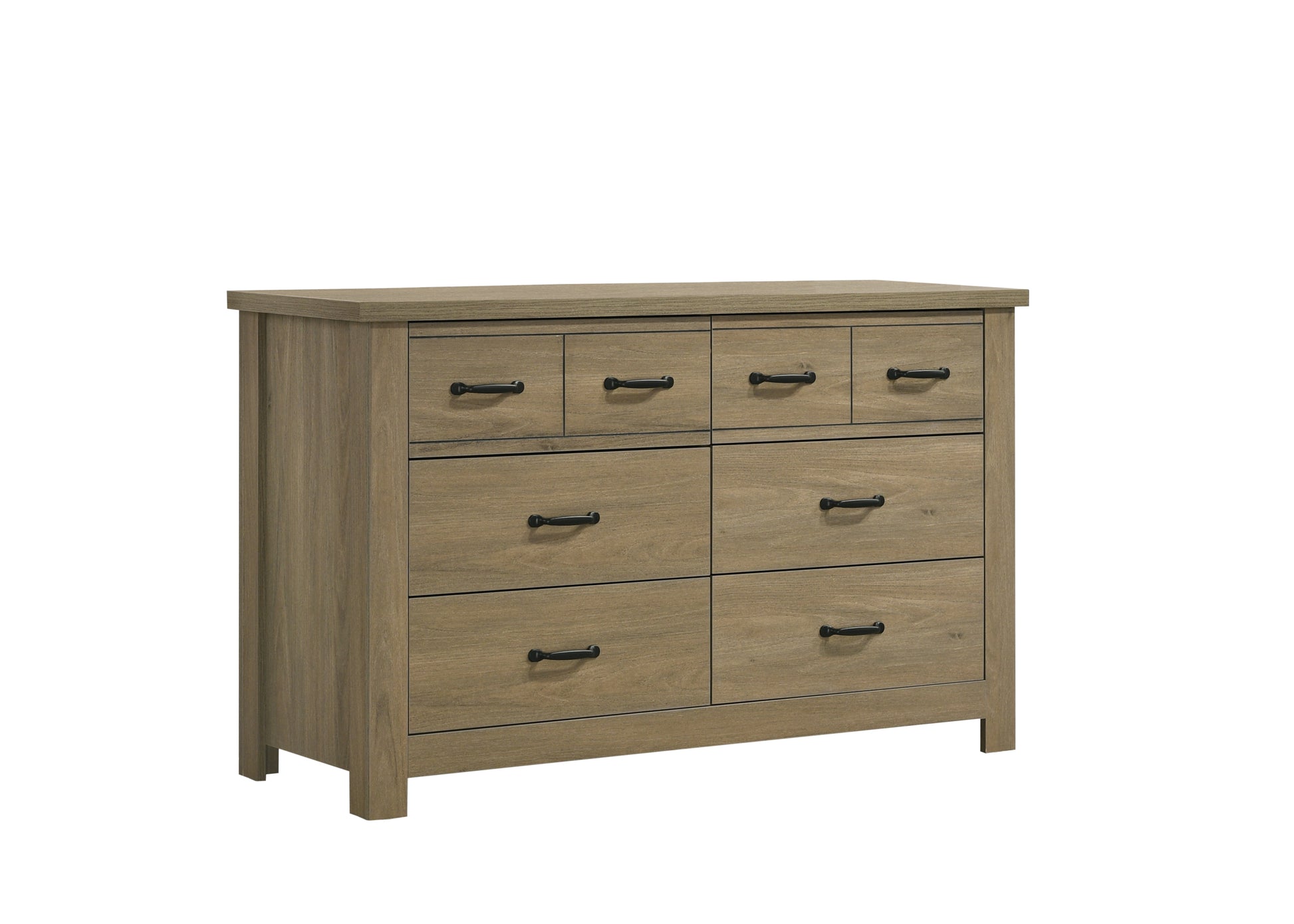 Finn 51" Coffee Gray Oak Finish Dresser With 6 Drawers And Black Handles Light Brown Particle Board