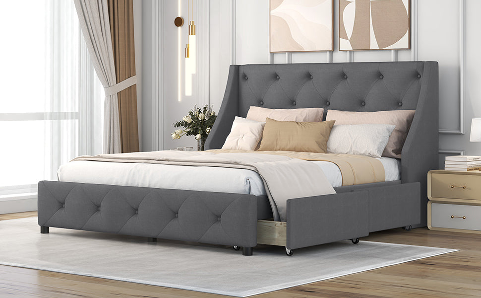 Upholstered Platform Bed With Wingback Tufted Headboard And 4 Drawers, No Box Spring Needed, Linen Fabric, Queen Size Gray Gray Linen