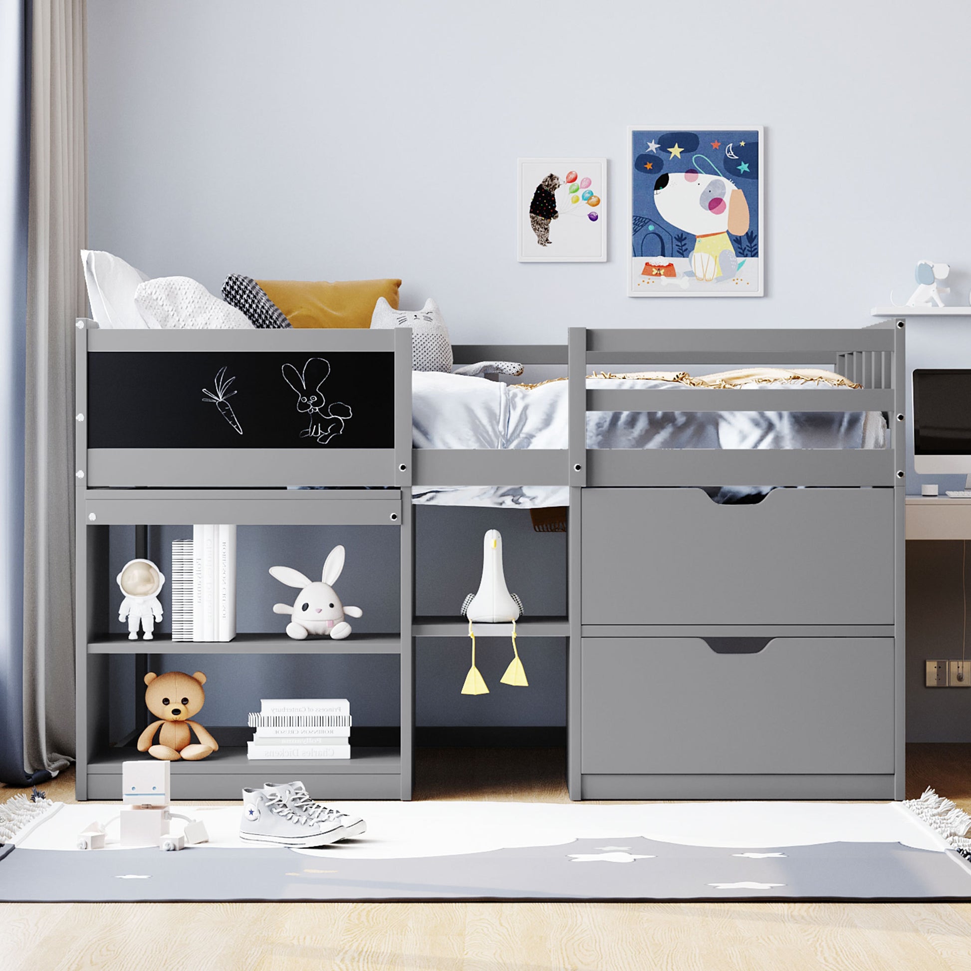 Twin Size Low Loft Bed With Rolling Desk, Shelf And Drawers Gray Gray Solid Wood