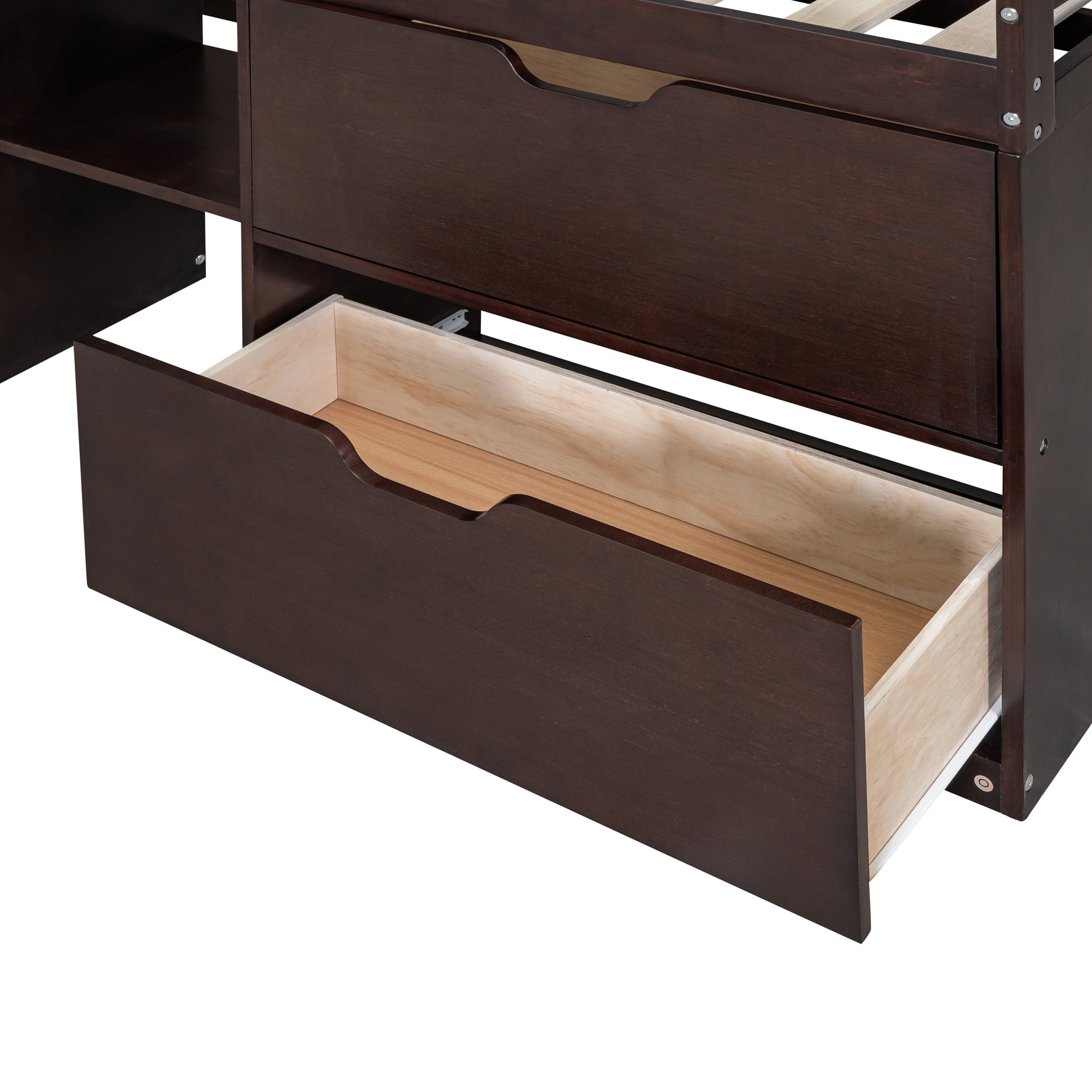 Twin Size Low Loft Bed With Rolling Desk, Shelf And Drawers Espresso Espresso Solid Wood