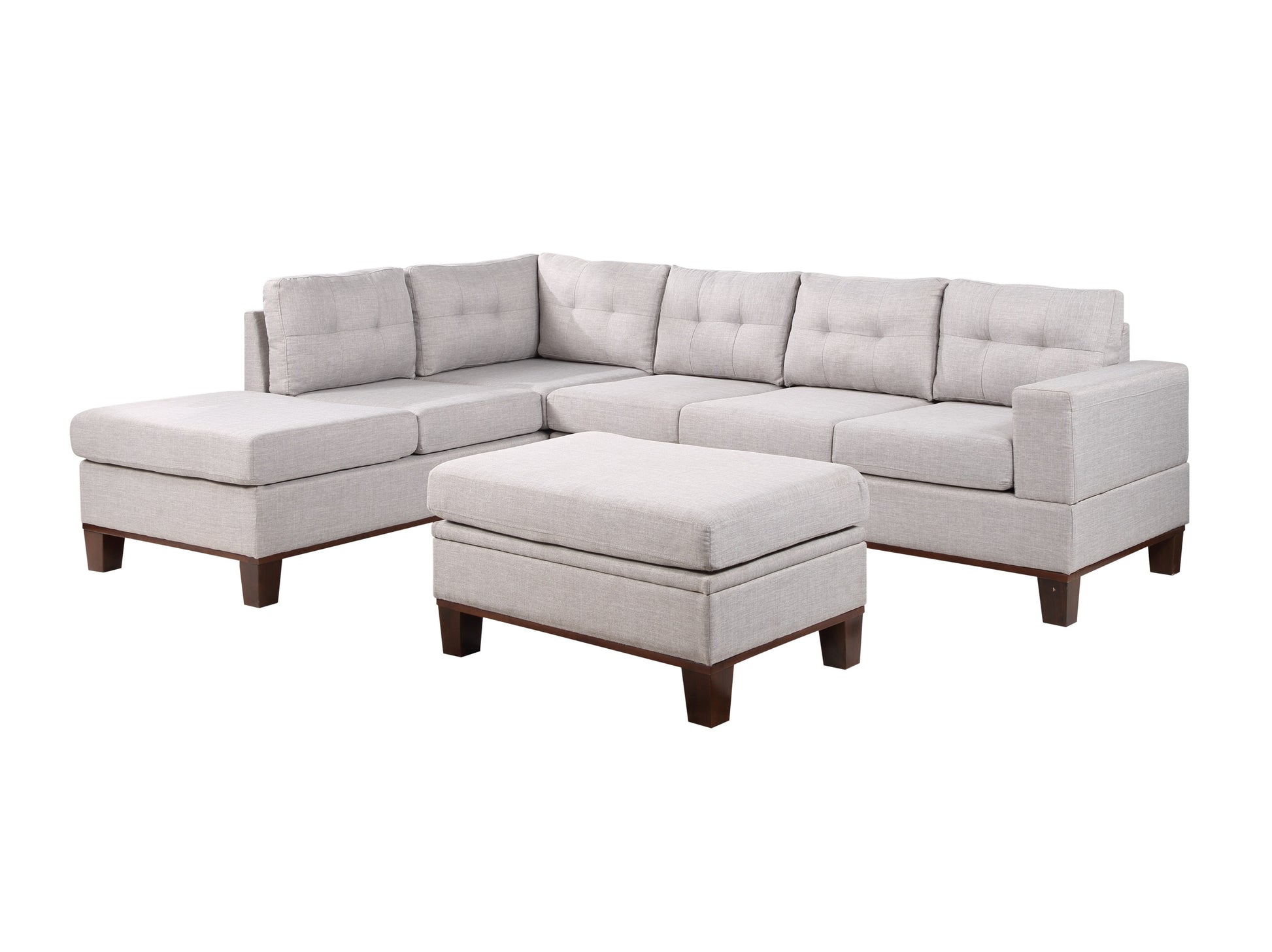 Hilo 106" Light Gray Fabric Reversible Sectional Sofa With Dropdown Armrest, Cupholder, And Storage Ottoman Light Gray Polyester