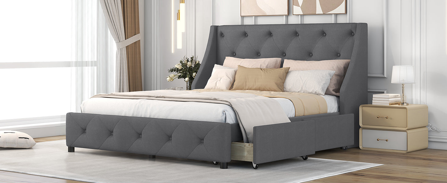 Upholstered Platform Bed With Wingback Tufted Headboard And 4 Drawers, No Box Spring Needed, Linen Fabric, Queen Size Gray Gray Linen