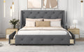 Upholstered Platform Bed With Wingback Tufted Headboard And 4 Drawers, No Box Spring Needed, Linen Fabric, Queen Size Gray Gray Linen