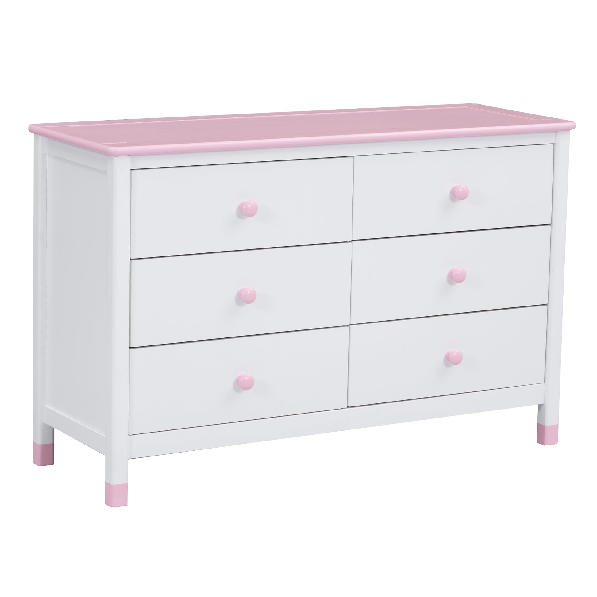 Wooden Storage Dresser With 6 Drawers,Storage Cabinet For Kids Bedroom,White Pink White Pink Solid Wood