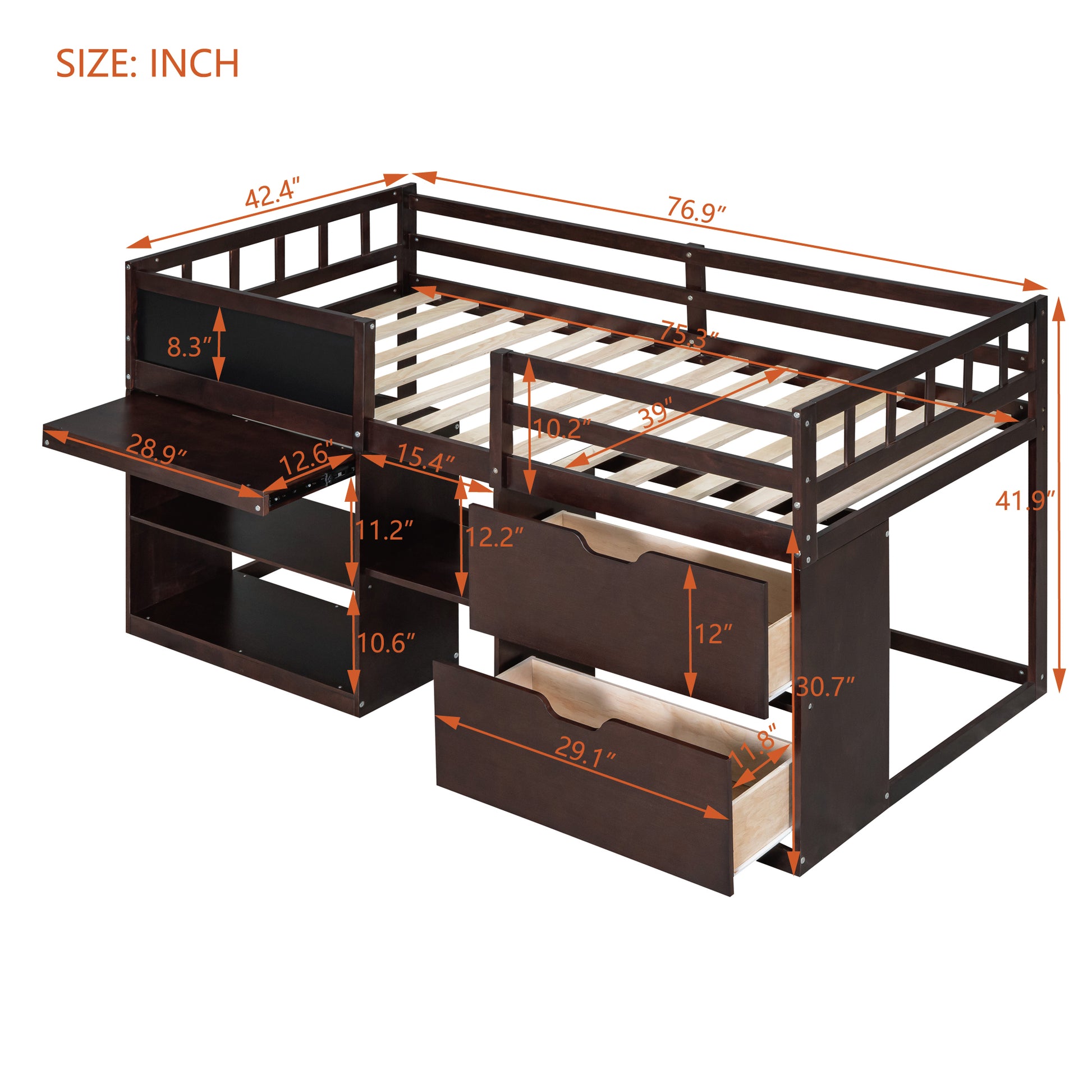 Twin Size Low Loft Bed With Rolling Desk, Shelf And Drawers Espresso Espresso Solid Wood