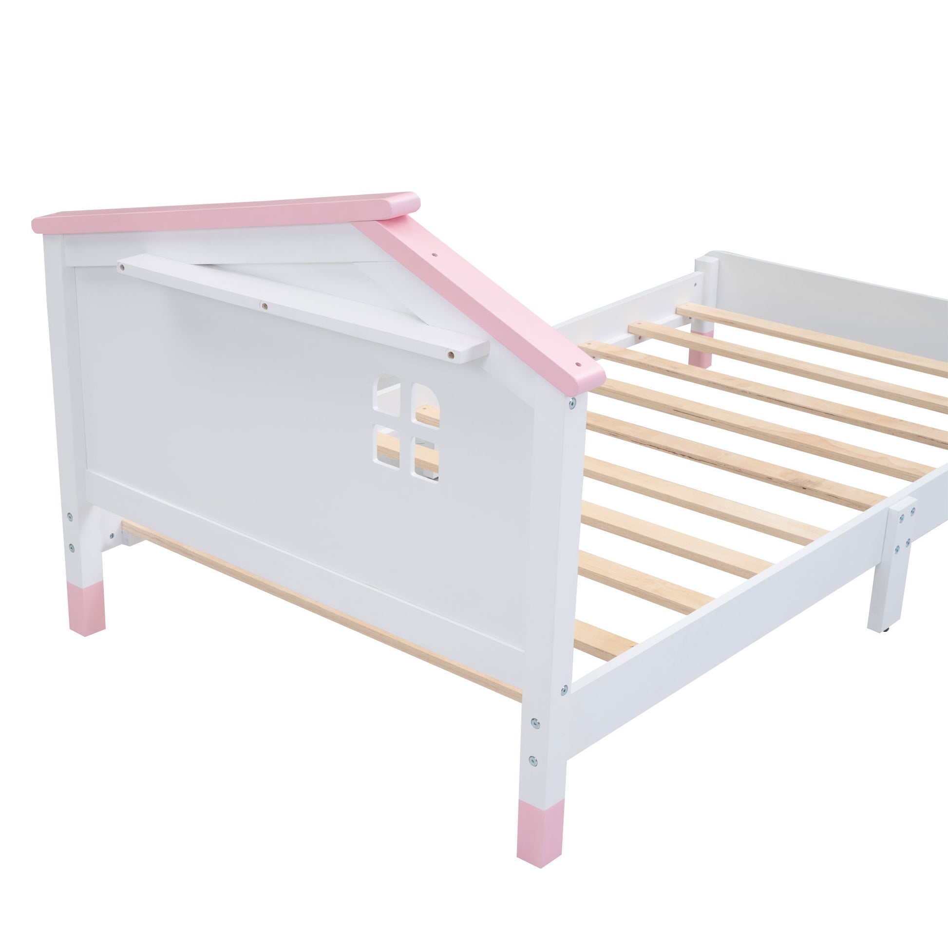 Twin Size Wood Platform Bed With House Shaped Headboard White Pink White Pink Solid Wood