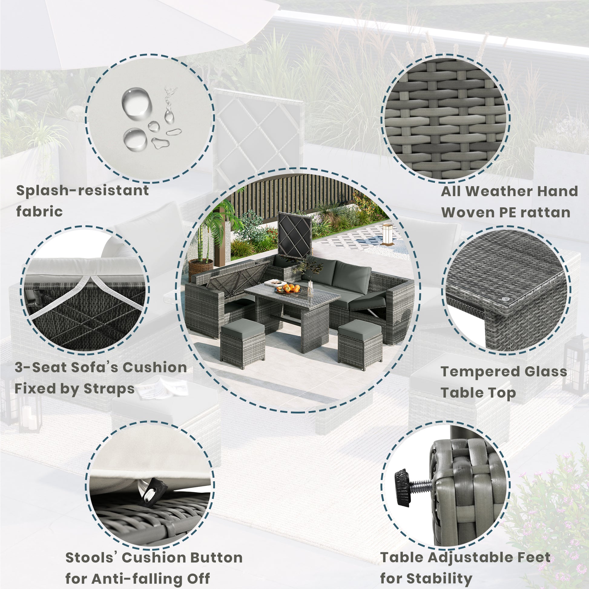 Outdoor 6 Piece All Weather Pe Rattan Sofa Set, Garden Patio Wicker Sectional Furniture Set With Adjustable Seat, Storage Box, Removable Covers And Tempered Glass Top Table, Beige Yes Complete Patio Set Beige Water Resistant Frame Water Resistant Cushion