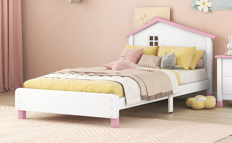 Twin Size Wood Platform Bed With House Shaped Headboard White Pink White Pink Solid Wood