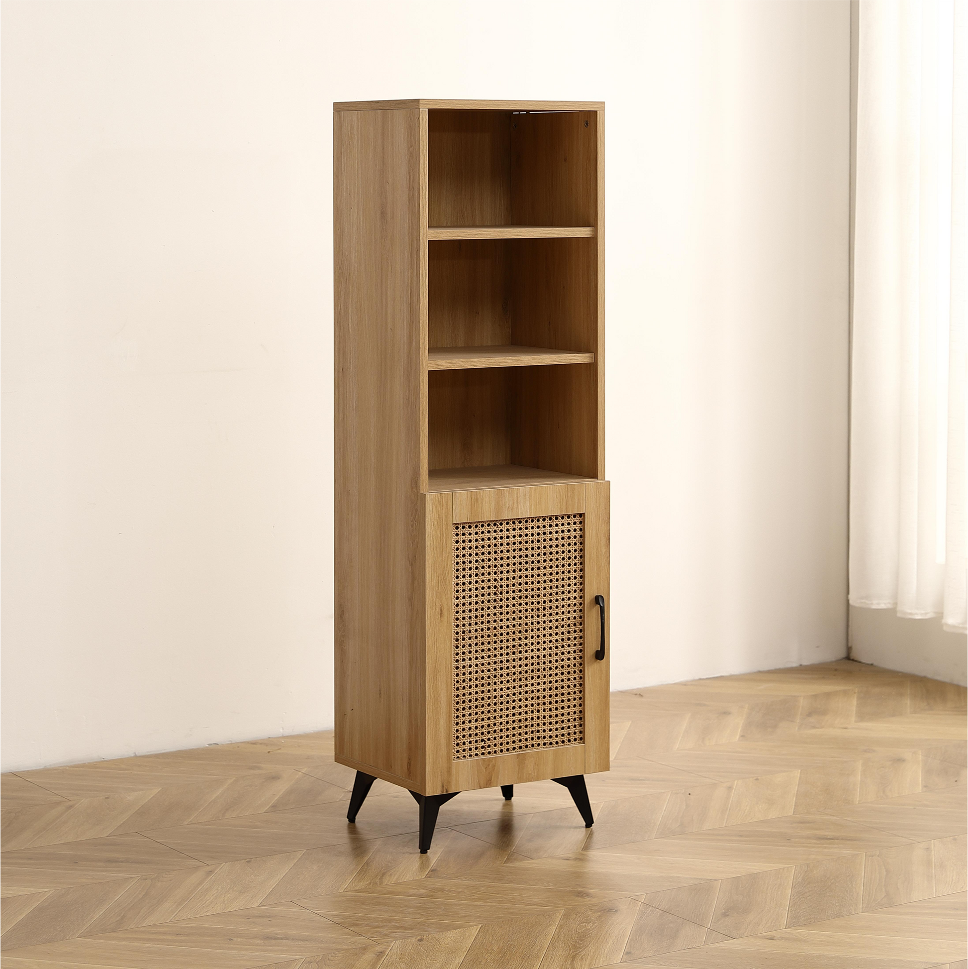 Natural Rattan Mesh Side Cabinet Large Storage Space For Living Room Or Restaurant.56Inch Burlywood. Oak Melamine