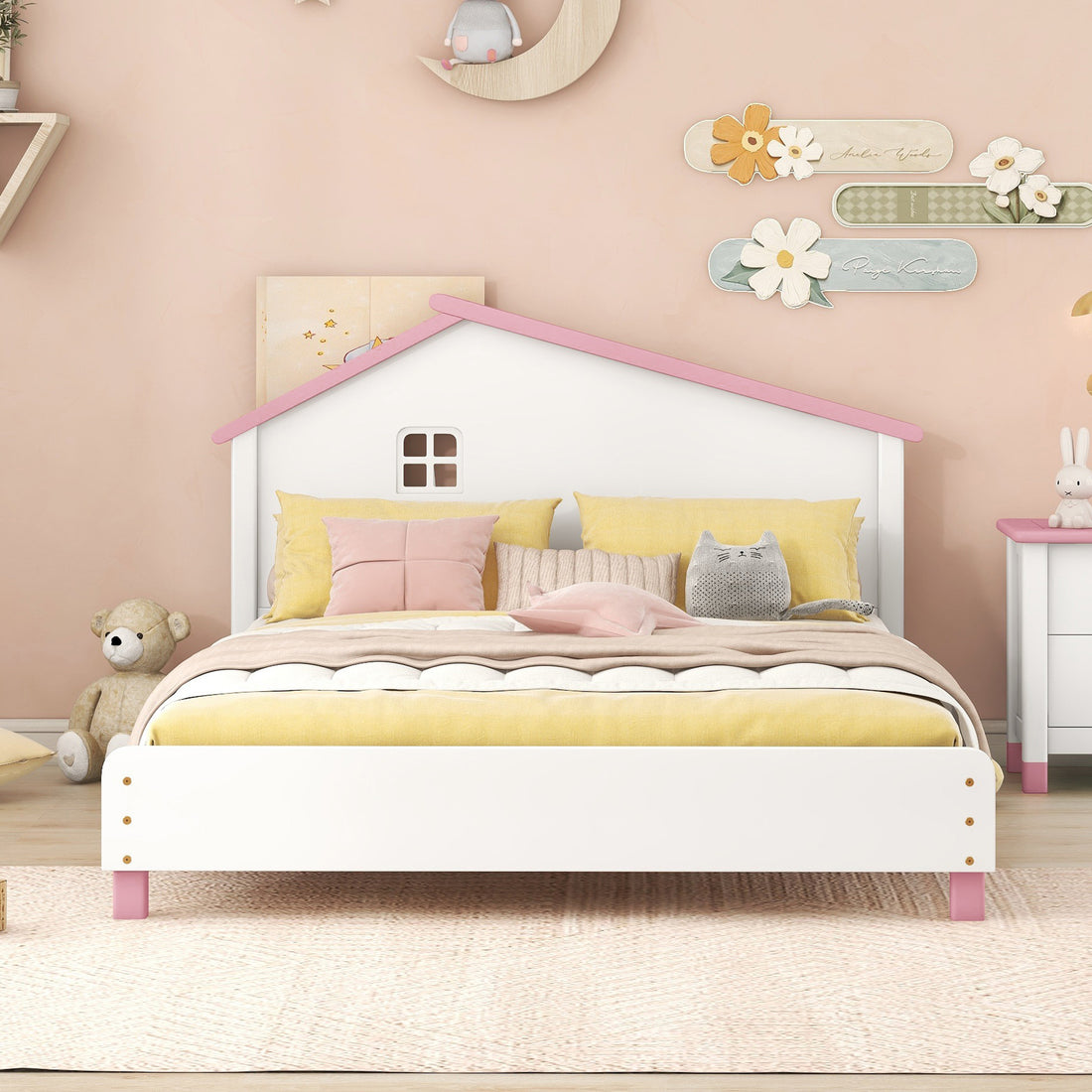 Full Size Wood Platform Bed With House Shaped Headboard White Pink White Pink Solid Wood