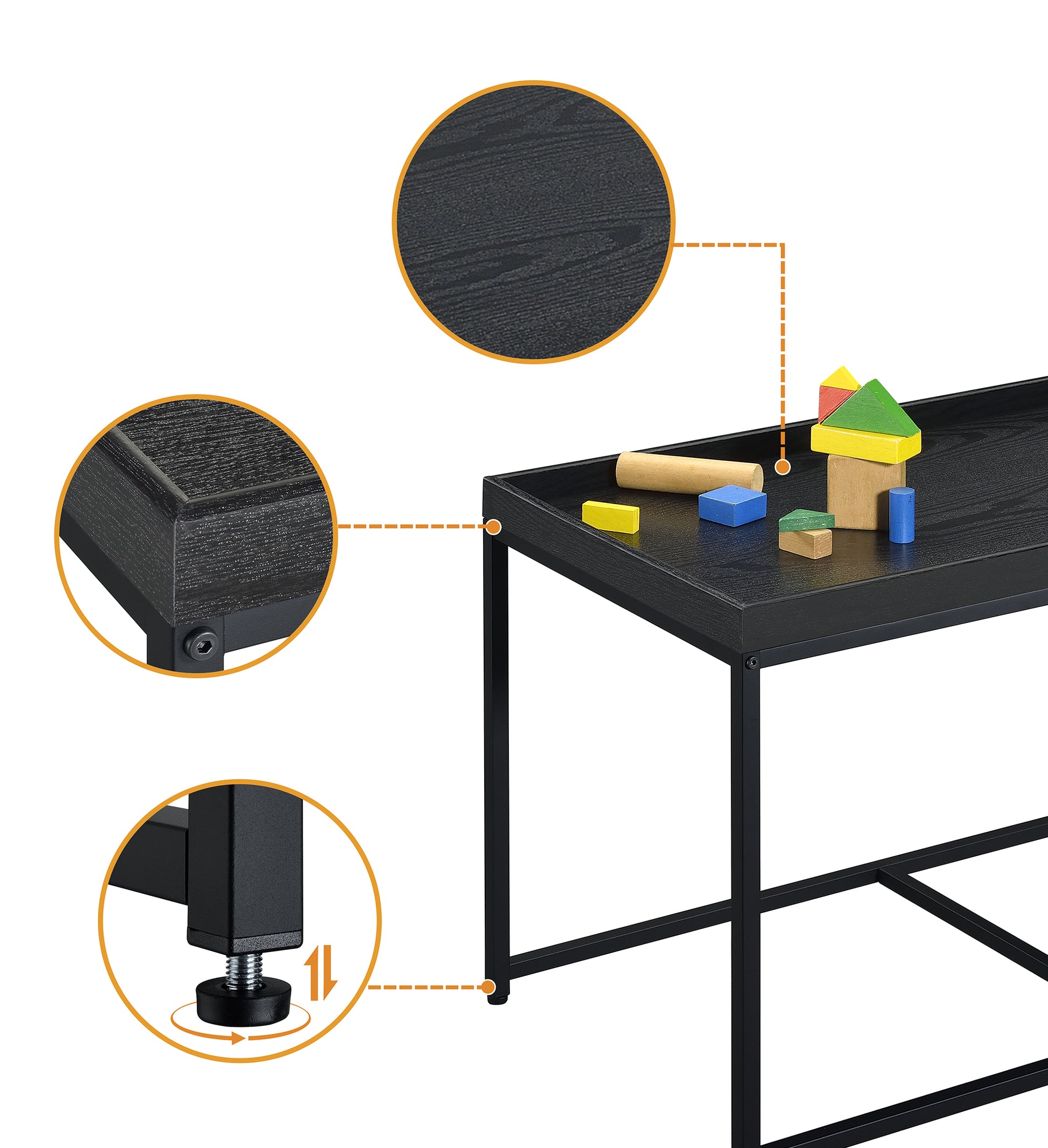 Monty 35" Black Wood Grain 3 Piece Coffee Table Set With Raised Edges Black Mdf