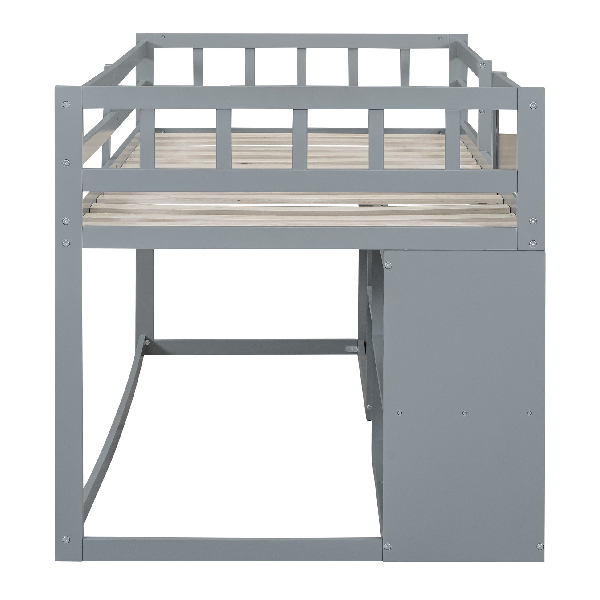 Twin Size Low Loft Bed With Rolling Desk, Shelf And Drawers Gray Gray Solid Wood