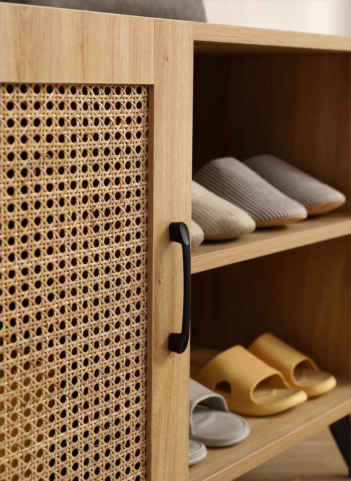 Modern Shoe Storage Cabinet With Natural Rattan Mesh Door And Solid Wooden Handle 39.37Inch Natural Wood Wood