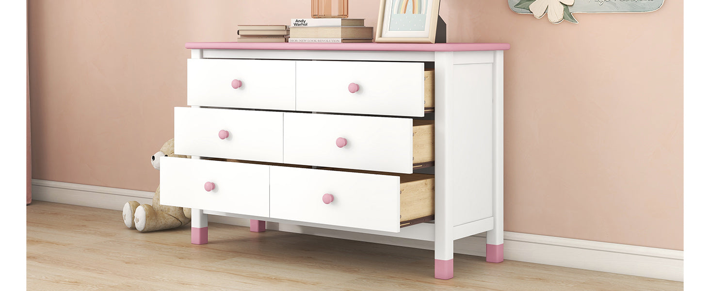 Wooden Storage Dresser With 6 Drawers,Storage Cabinet For Kids Bedroom,White Pink White Pink Solid Wood