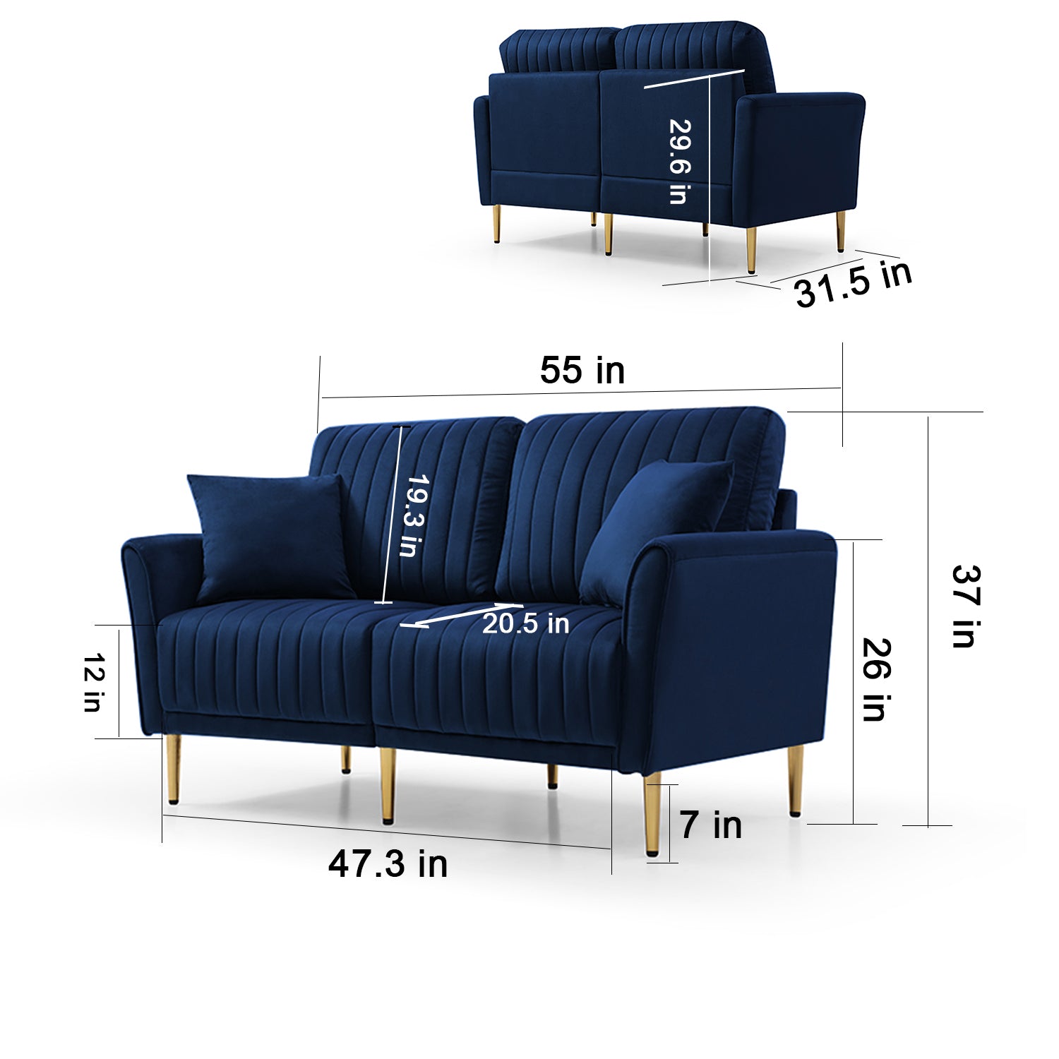 2 Pieces Sectional Sofa Set For Living Room, Velvet Tufted Couch Sofa With Metal Legs, 2 Piece Loveseat And Sofa, Furniture Set,Blue Velvet Blue Foam Velvet