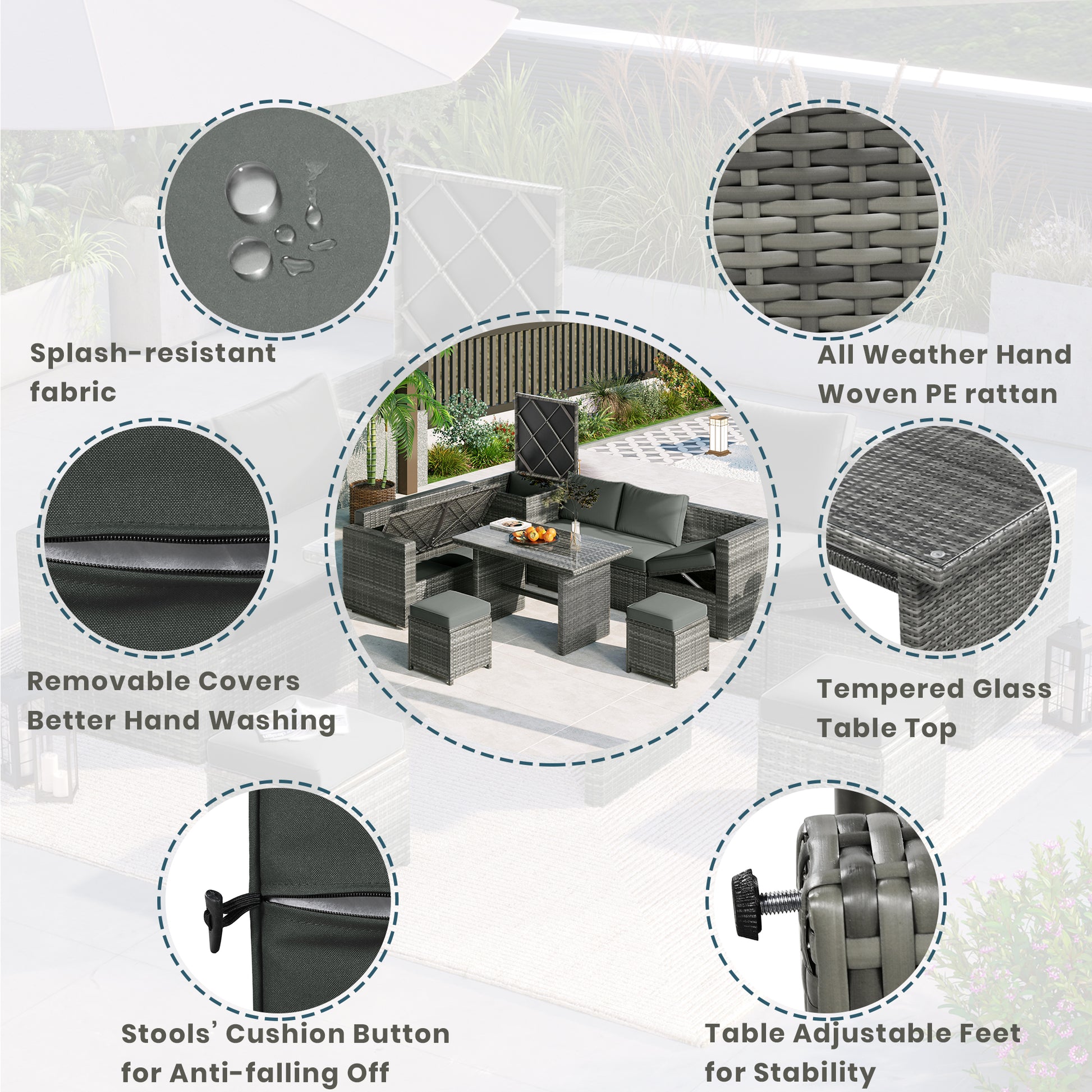Outdoor 6 Piece All Weather Pe Rattan Sofa Set, Garden Patio Wicker Sectional Furniture Set With Adjustable Seat, Storage Box, Removable Covers And Tempered Glass Top Table,Grey Yes Complete Patio