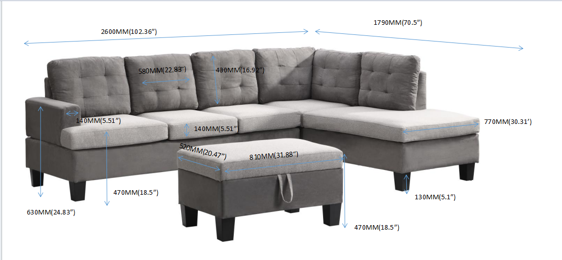 Sofa Set For Living Room With Chaise Lounge And Storage Ottoman Living Room Furniture Gray Grey Fabric