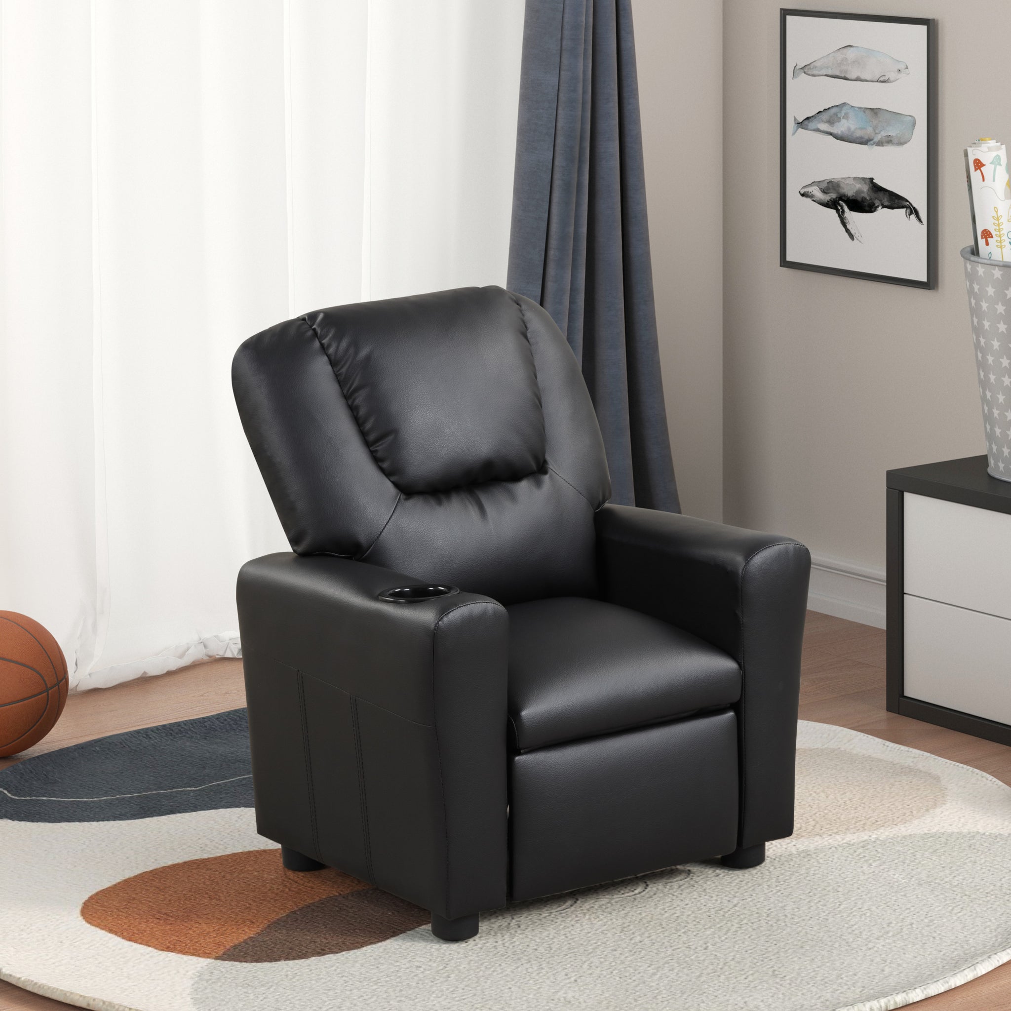 Marisa 22" Black Pu Leather Kids Recliner Chair With Cupholder Black Pu Leather