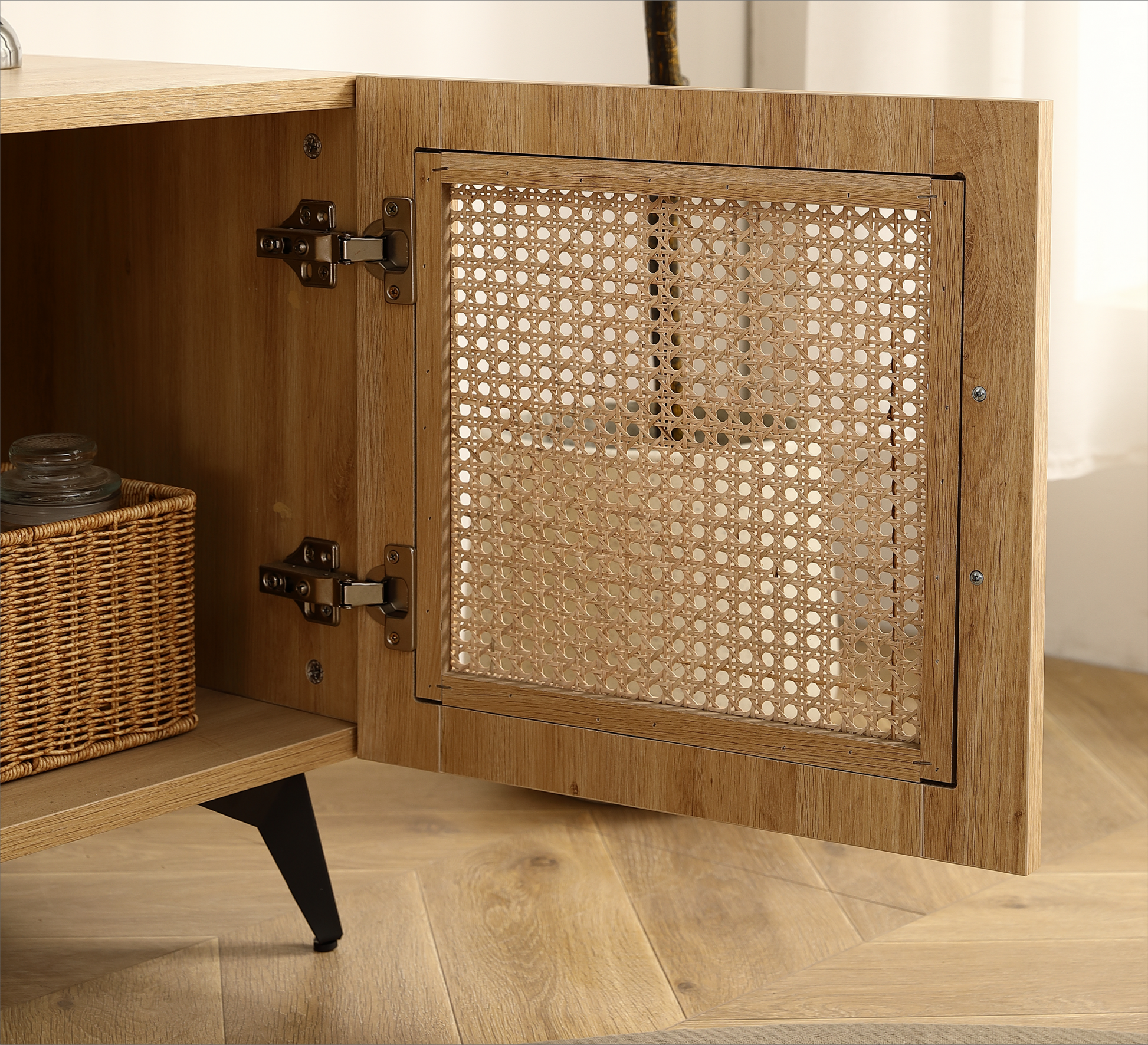 Oak Tv Rattan Storage Cabinet Net Perfect For Family Entertainment Room 51.2Inch Natural Wood Wood