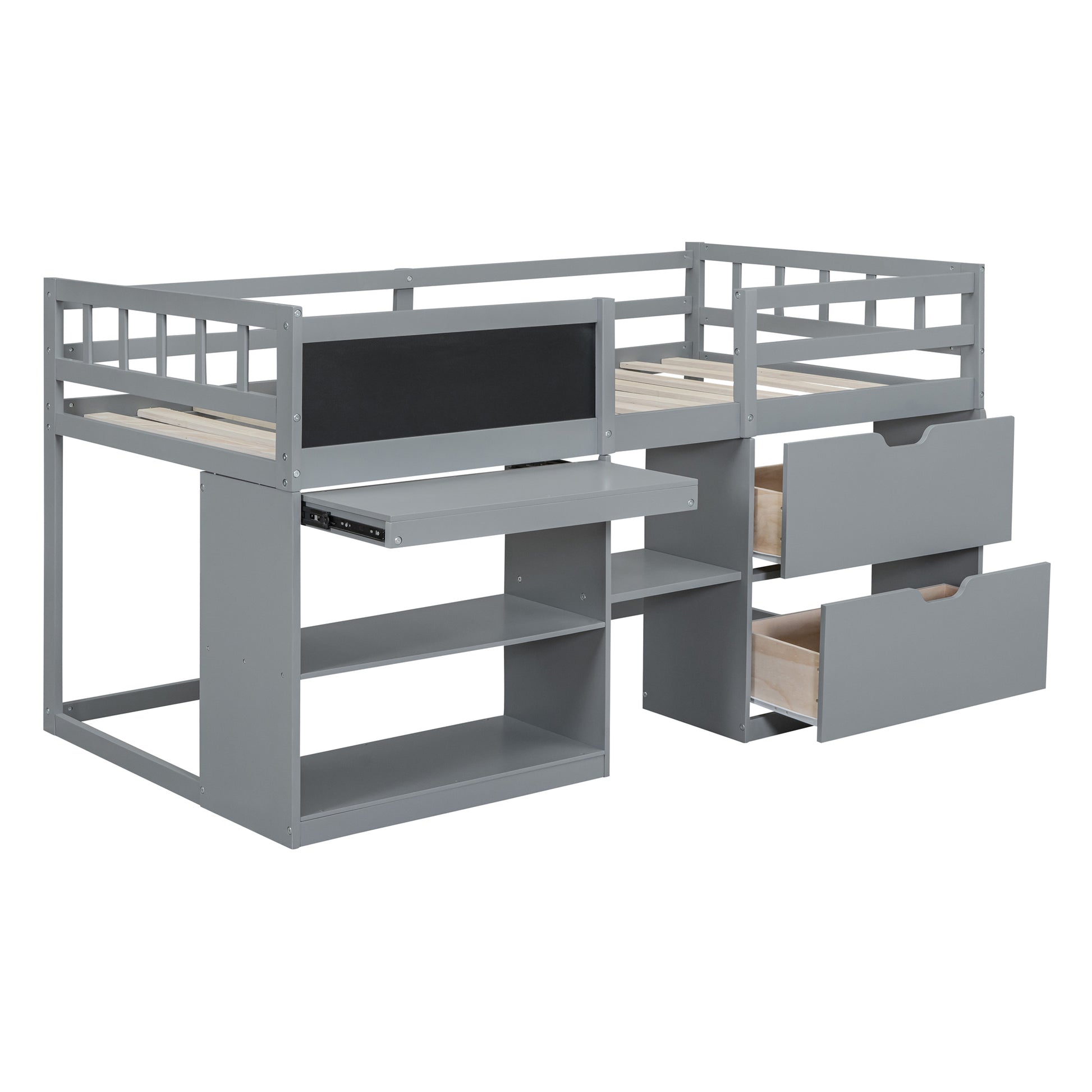 Twin Size Low Loft Bed With Rolling Desk, Shelf And Drawers Gray Gray Solid Wood