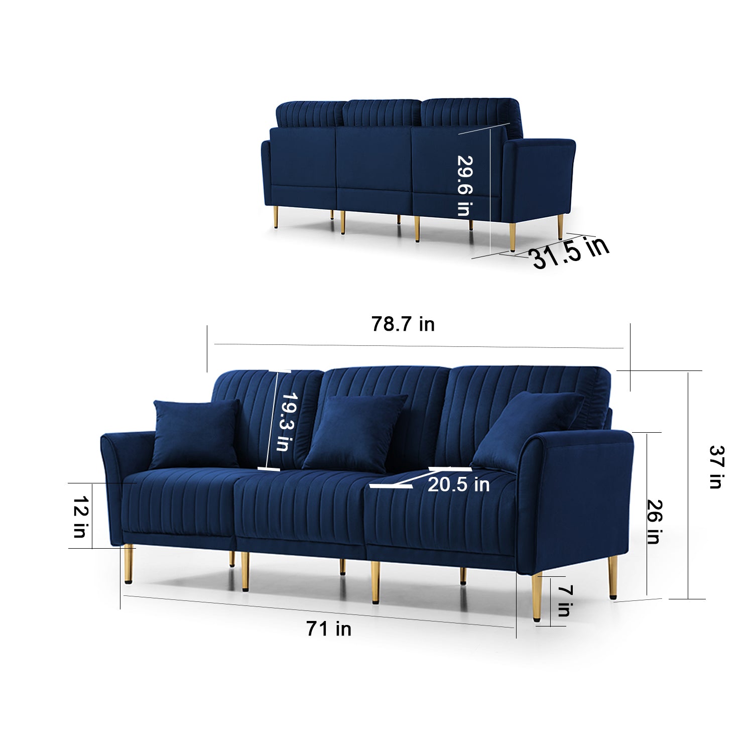 81.9" Navy Blue Velvet Channel Tufted Upholstered 3 Seater Sofa Scrolled Arms With 3 Pillows Blue Foam Velvet