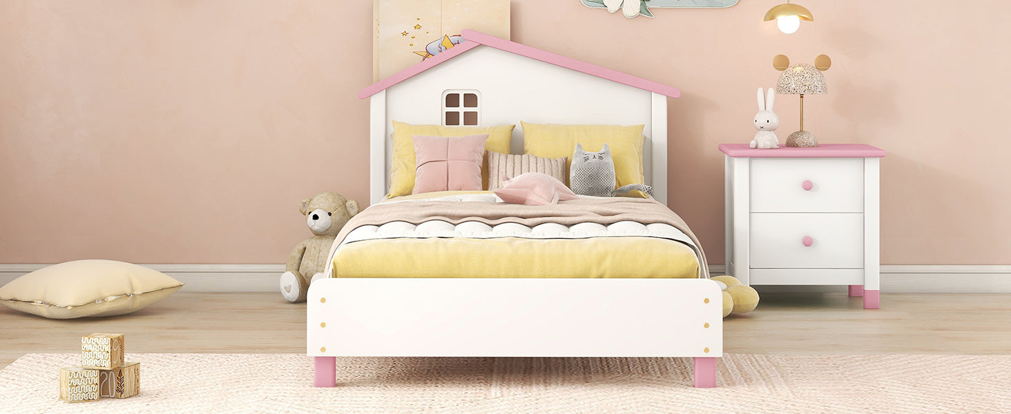 Twin Size Wood Platform Bed With House Shaped Headboard White Pink White Pink Solid Wood