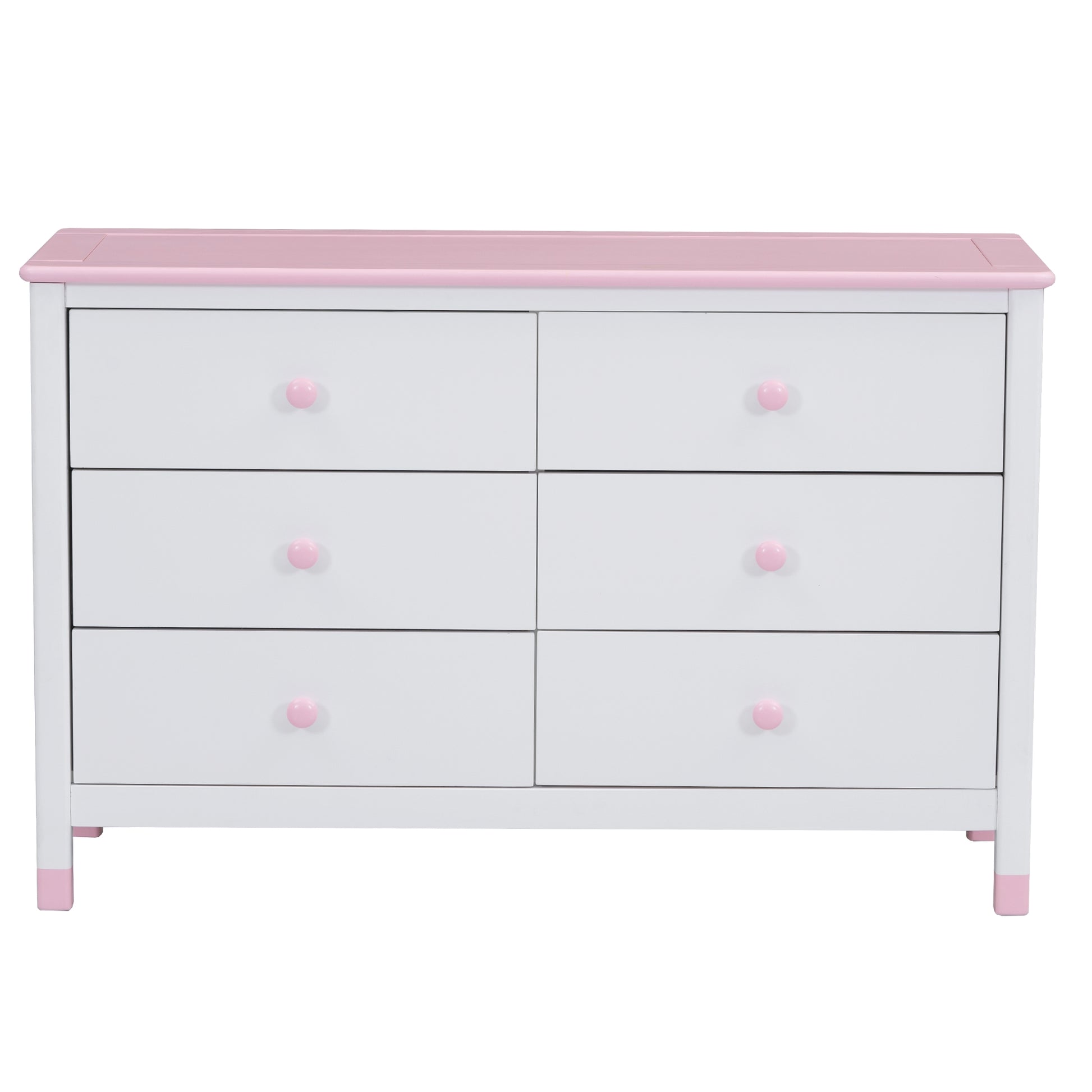 Wooden Storage Dresser With 6 Drawers,Storage Cabinet For Kids Bedroom,White Pink White Pink Solid Wood