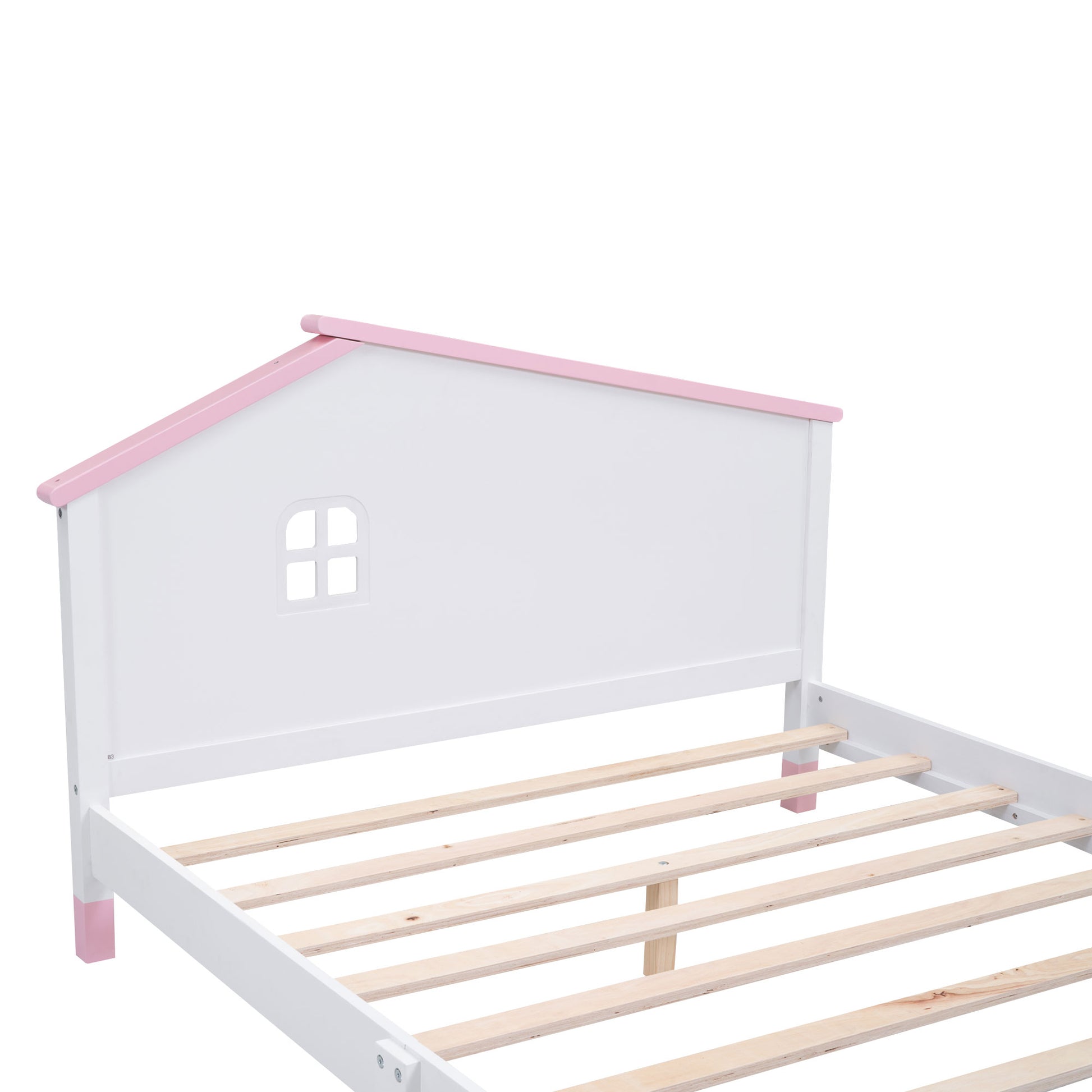 Full Size Wood Platform Bed With House Shaped Headboard White Pink White Pink Solid Wood