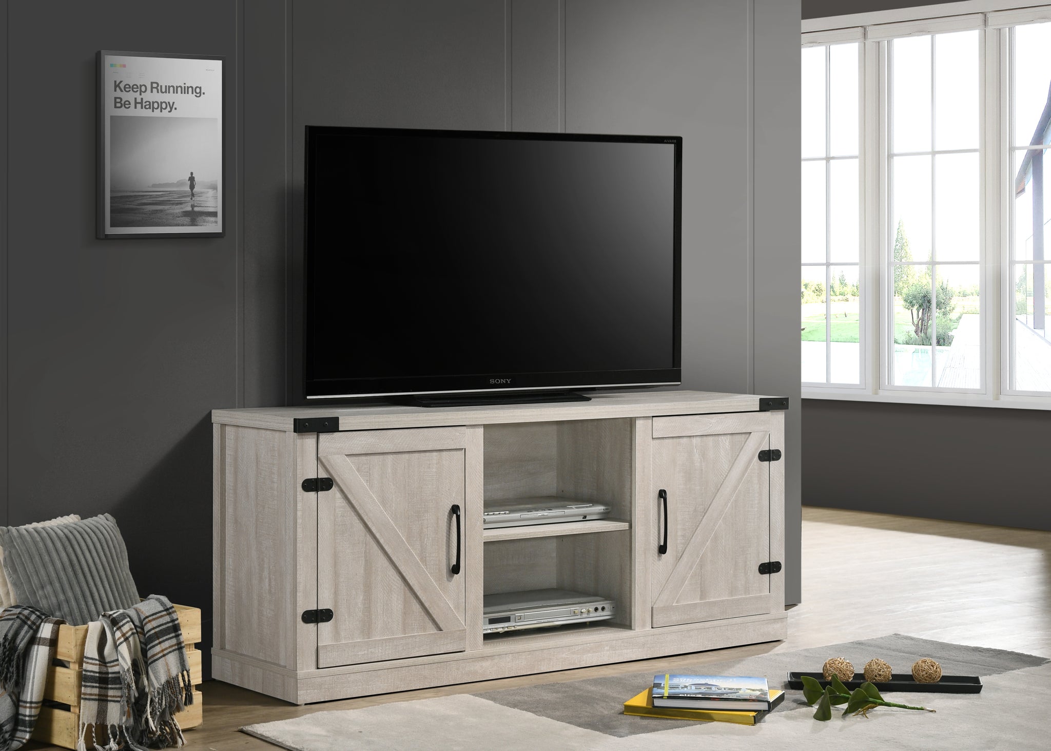 Salma Dusty Gray 58" Wide Tv Stand With 2 Open Shelves And 2 Cabinets Dark Gray Particle Board