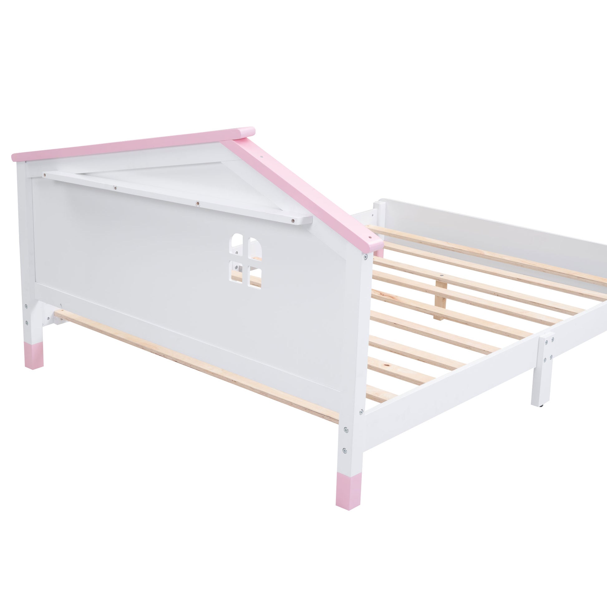 Full Size Wood Platform Bed With House Shaped Headboard White Pink White Pink Solid Wood