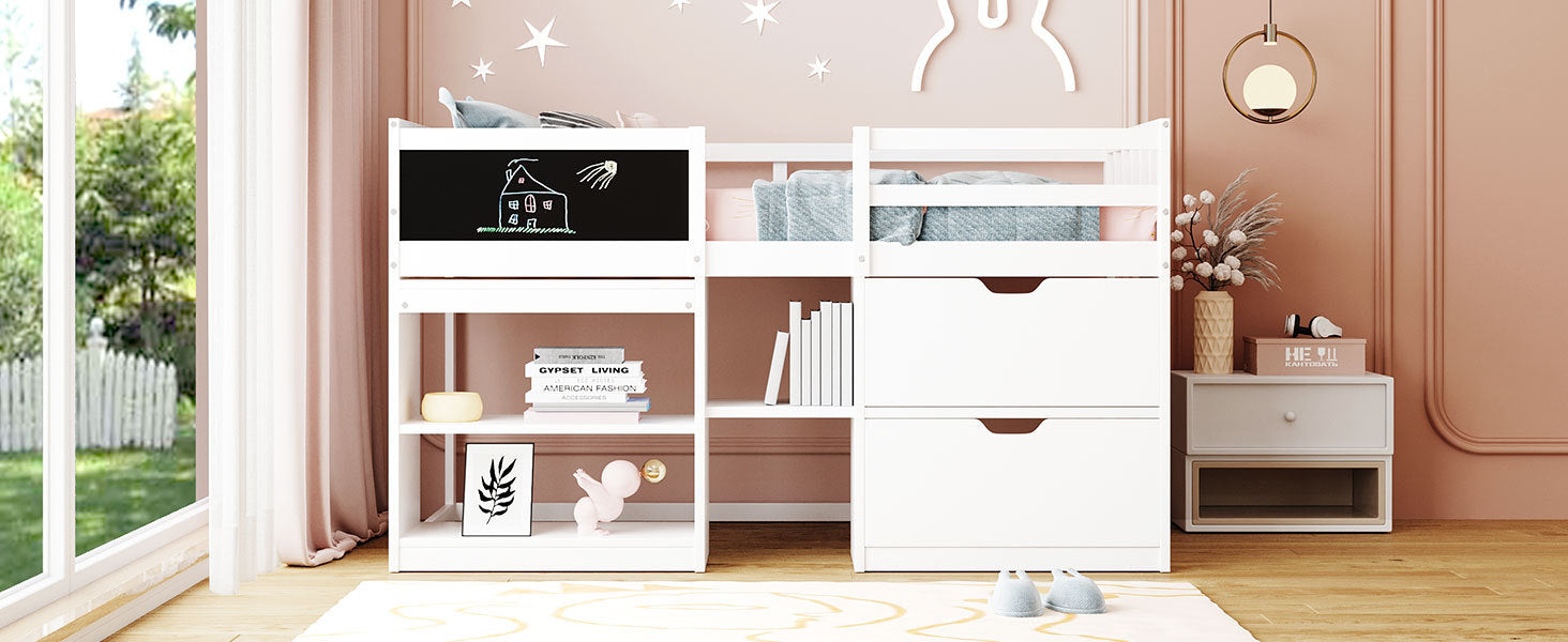 Twin Size Low Loft Bed With Rolling Desk, Shelf And Drawers White White Solid Wood