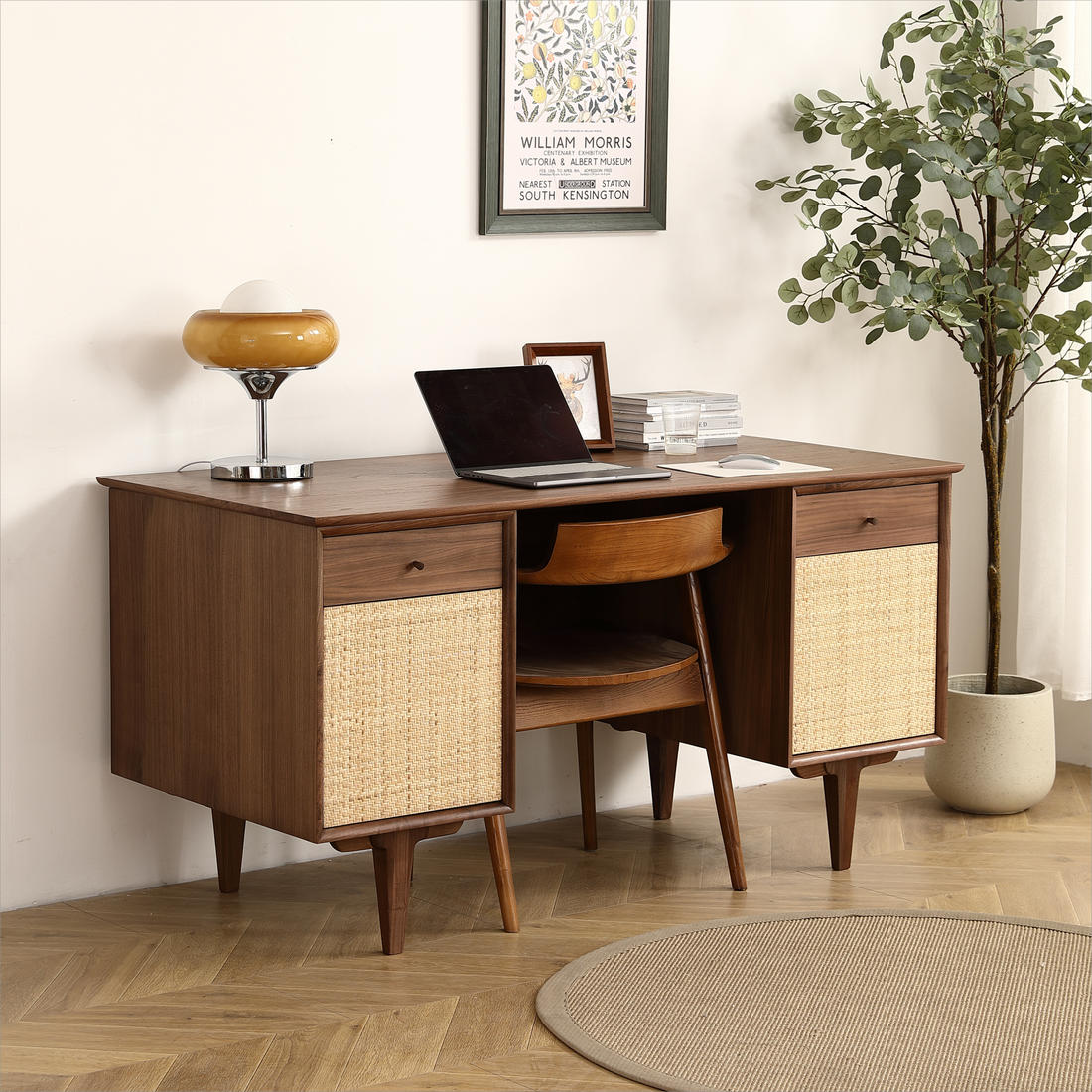 Black Walnut Desk With Natural Rattan Net Large Home Office Workstation With Storage 57.09 Inch Oak Solid Wood Mdf