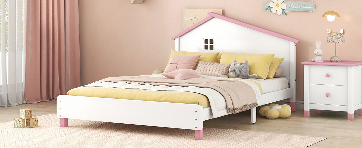 Full Size Wood Platform Bed With House Shaped Headboard White Pink White Pink Solid Wood