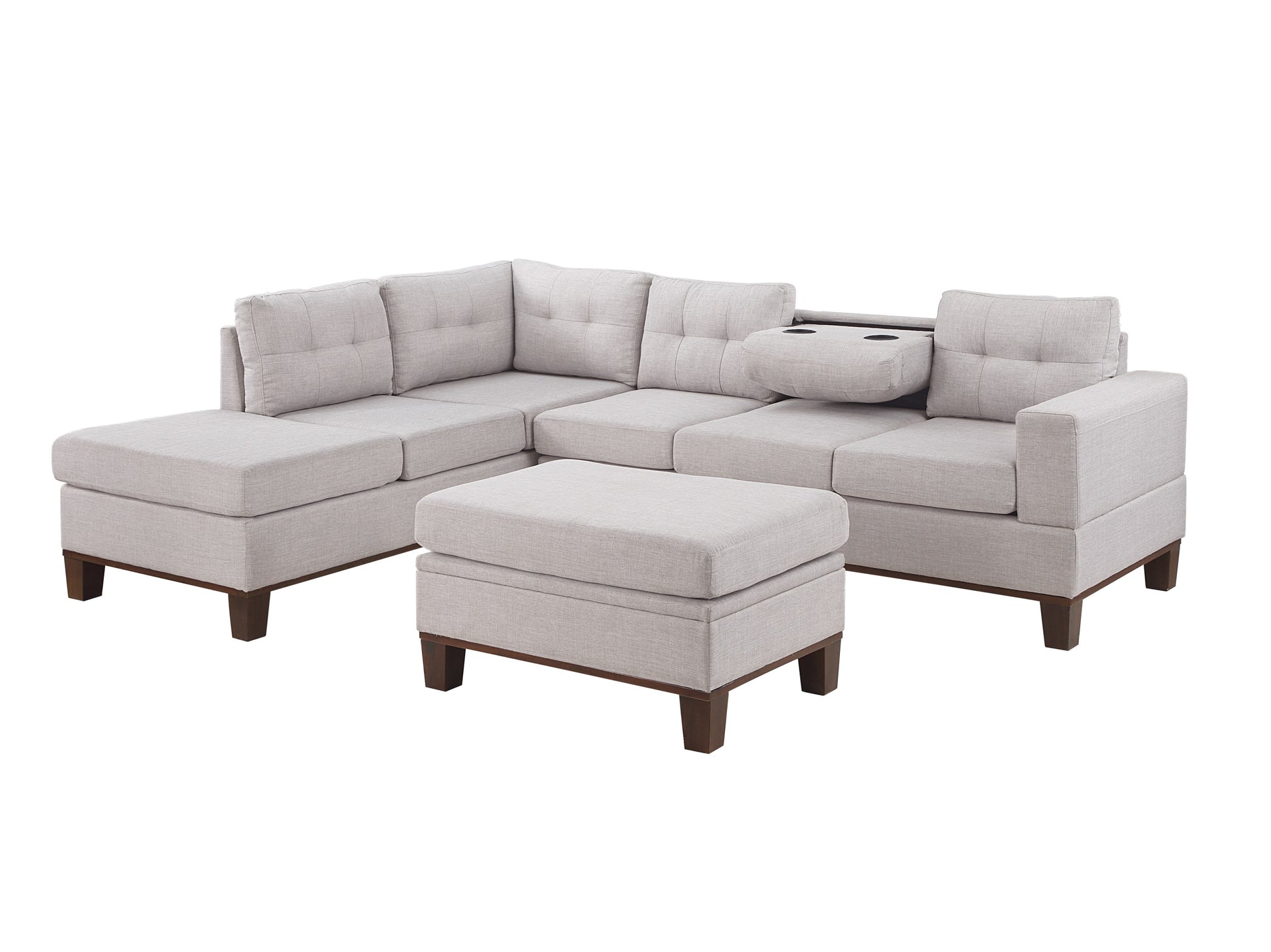 Hilo 106" Light Gray Fabric Reversible Sectional Sofa With Dropdown Armrest, Cupholder, And Storage Ottoman Light Gray Polyester