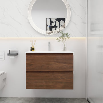 30" Bathroom Vanity With Gel Basin Top, Soft Close Drawer Brown Oak Plywood