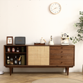 Two Door Four Drawer Cabinet With Natural Rattan Weaving Black Walnut Natural Vine Mdf Sideboard,Sideboard Buffet Cabinet. 68.89 Inch Oak Wood