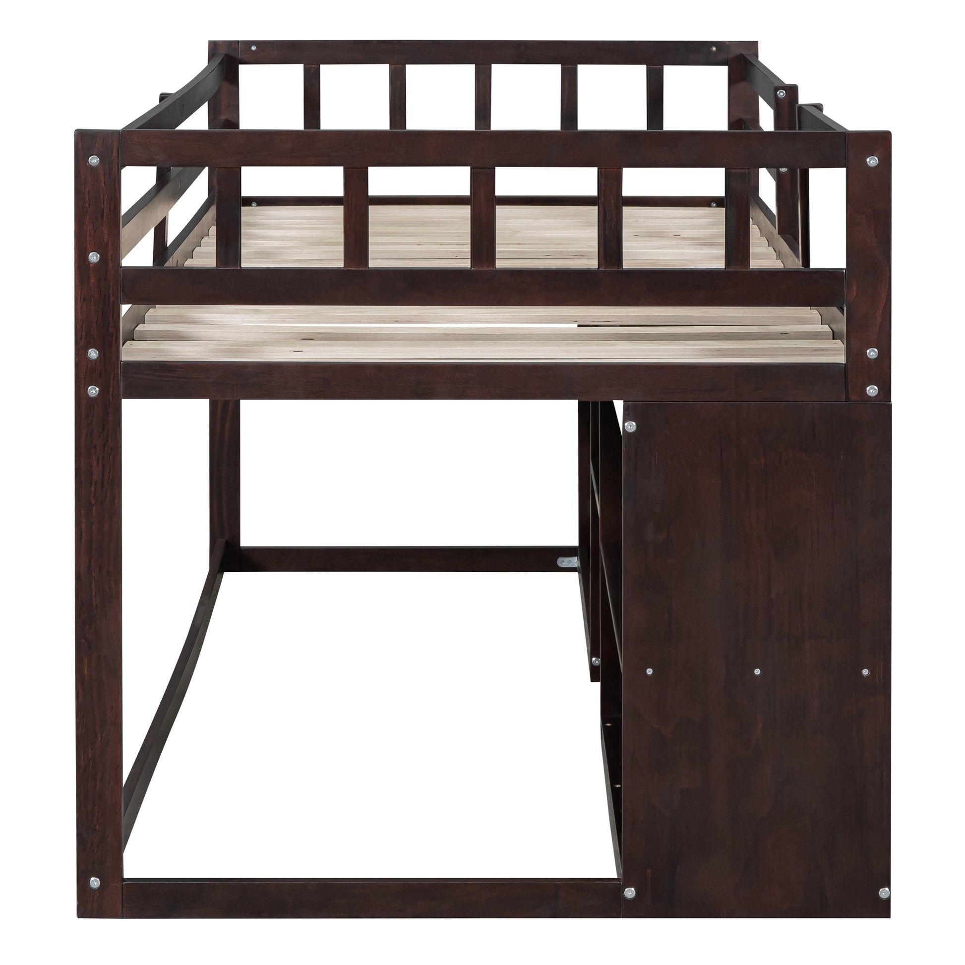 Twin Size Low Loft Bed With Rolling Desk, Shelf And Drawers Espresso Espresso Solid Wood