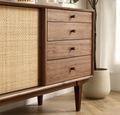 Two Door Four Drawer Cabinet With Natural Rattan Weaving Black Walnut Natural Vine Mdf Sideboard,Sideboard Buffet Cabinet. 68.89 Inch Oak Wood