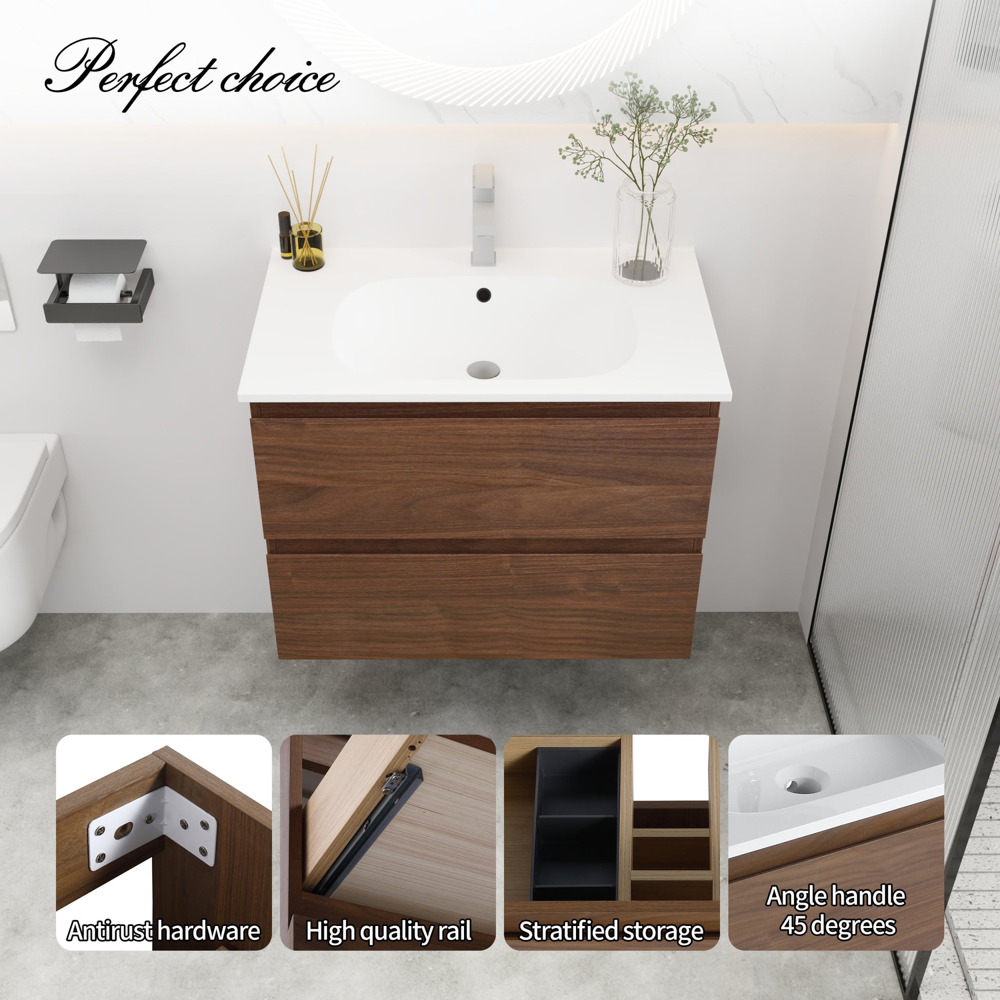 30" Bathroom Vanity With Gel Basin Top, Soft Close Drawer Brown Oak Plywood