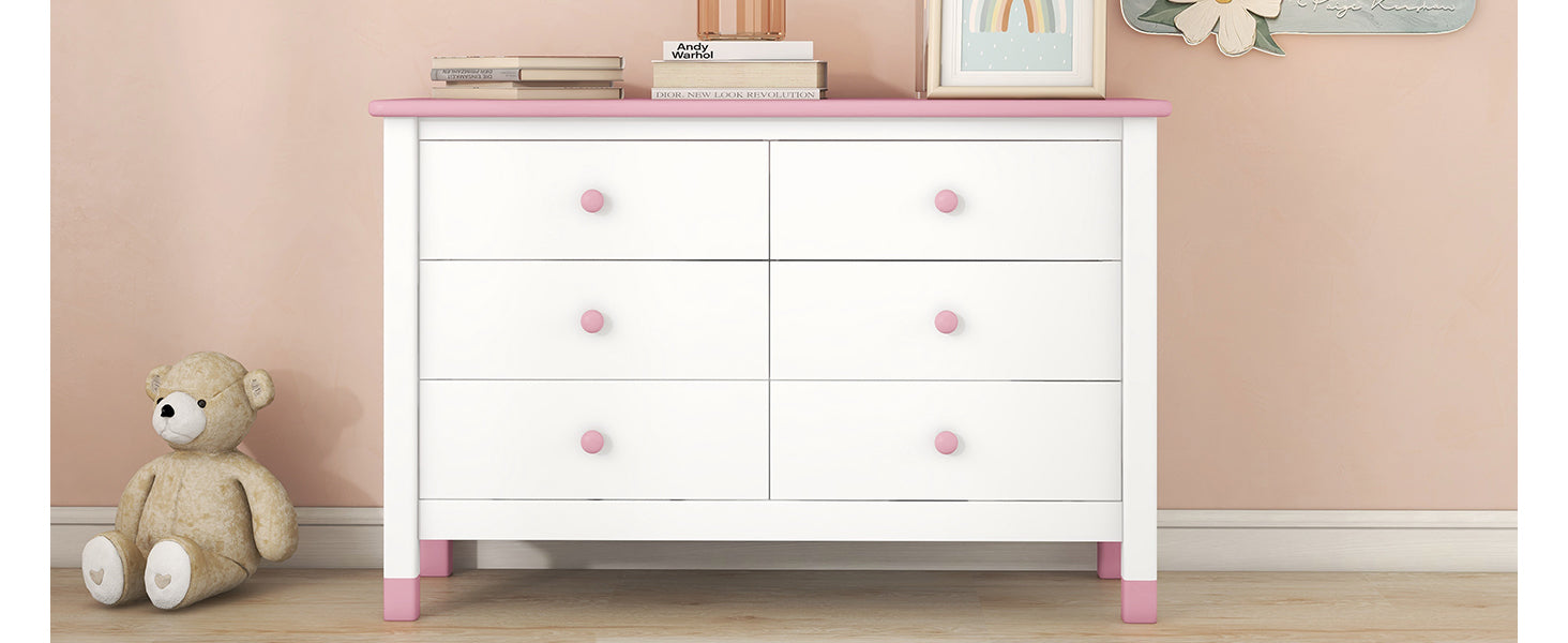 Wooden Storage Dresser With 6 Drawers,Storage Cabinet For Kids Bedroom,White Pink White Pink Solid Wood