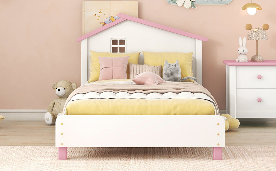 Twin Size Wood Platform Bed With House Shaped Headboard White Pink White Pink Solid Wood