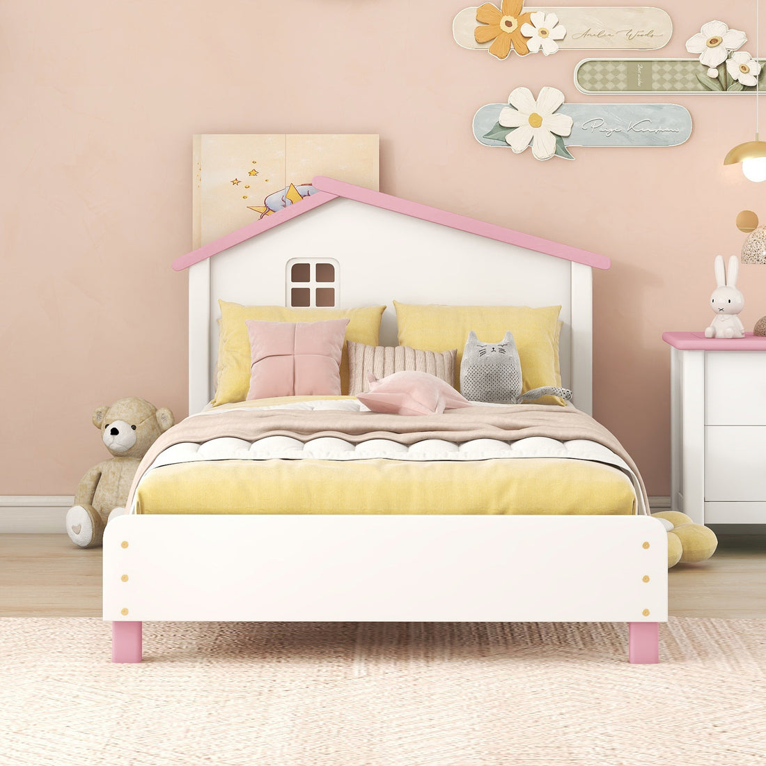 Twin Size Wood Platform Bed With House Shaped Headboard White Pink White Pink Solid Wood